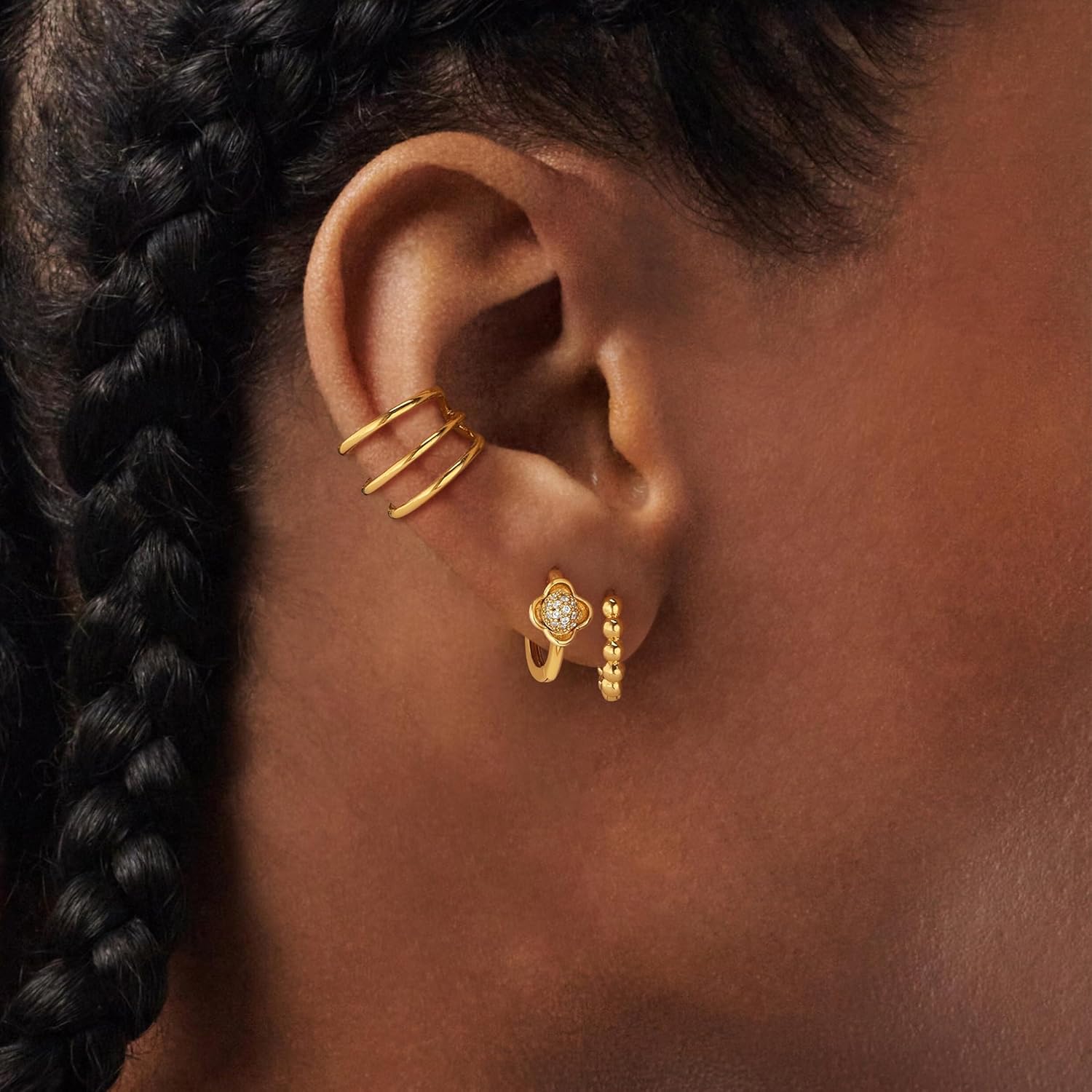 Bemoly Ear Cuff Earrings for Women 14K Gold Plated Cubic Zirconia Dangle Huggie Ear Cuffs Non Piercing | Clip On Cartilage - Image 3