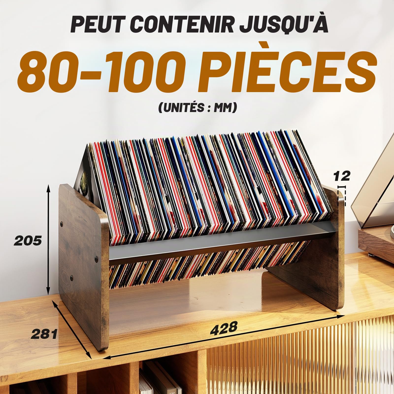 TVON Wooden Rangement Vinyle,Vinyl Storage Stand for 80-100 LPs Records ,Record holder & CD Rack & Albums Displays,Support de rangement pour disques vinyles with Adjustable Divider