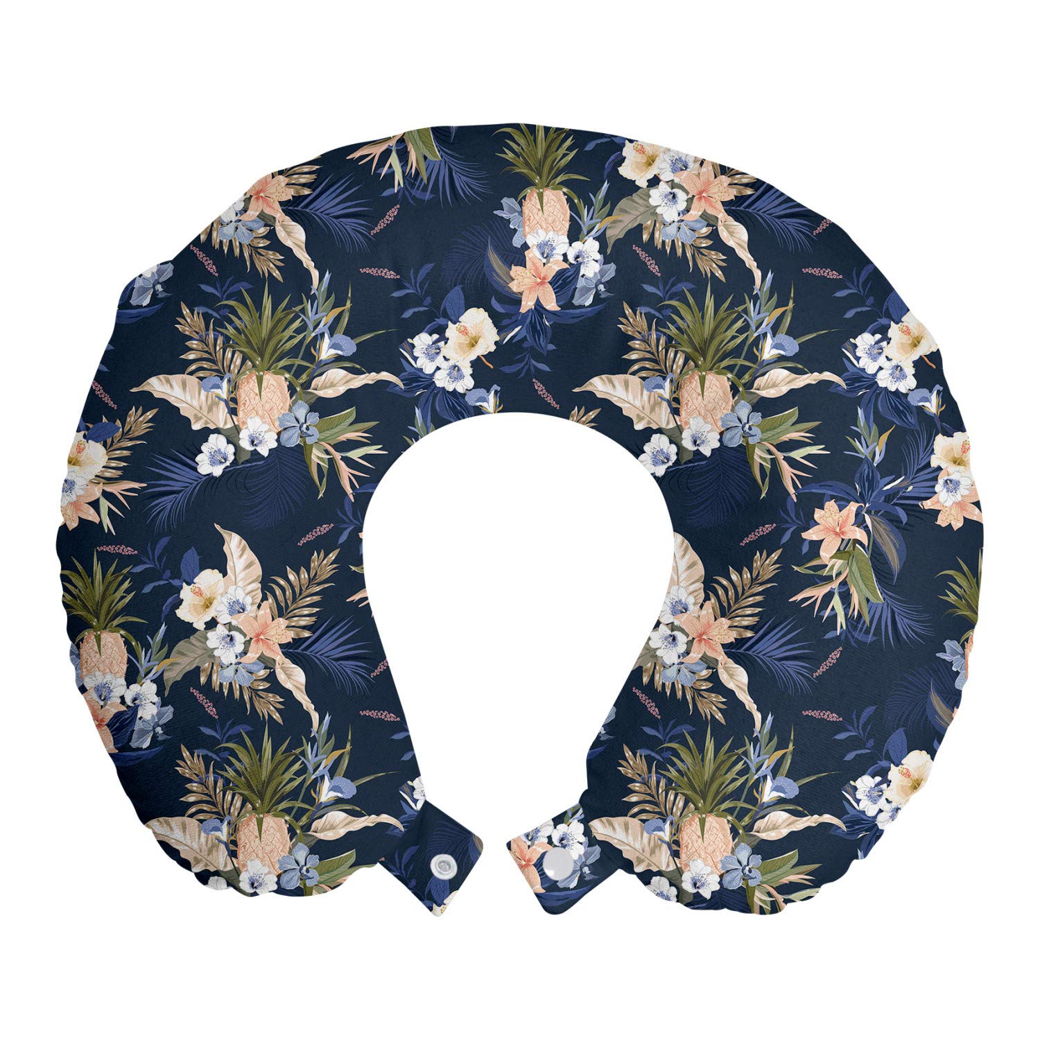 Ambesonne Navy Blue Travel Pillow Neck Rest, Tropical Composition of Monstera Leaf Summer Fruits Lily Hibiscus Flowers, Memory Foam Traveling Accessory for Airplane and Car, 12", Indigo Multicolor