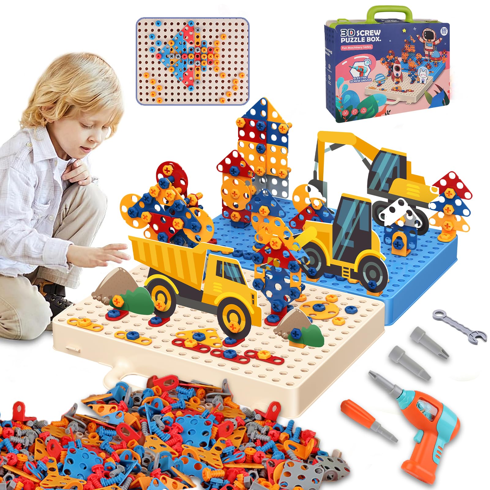 Kid's Educational Building Screwdriver Toy Set, 332 Pcs Electric Drill Screw Driver Tool Set, DIY Building Blocks Toys with Drill , Creative Learning Projects, for 3+ Ages Boys and Girls