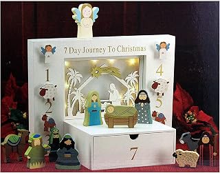 Three Kings Gifts, 7 Day Journey to Christmas, LED Light-up Stage, Holy Family, Three Wise Men, Shepherd, Angel, Children's Interactive Wood Block Nativity Scene with Booklet, 12-Piece Set