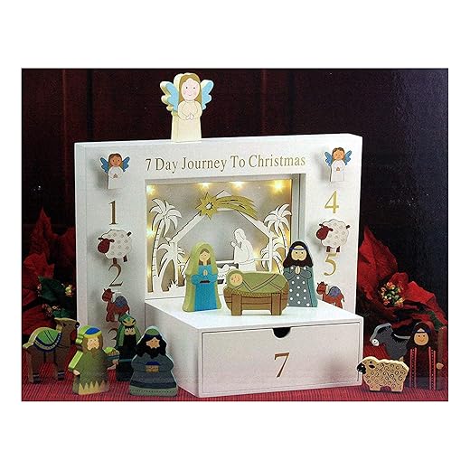 Three Kings Gifts, 7 Day Journey to Christmas, LED Light-up Stage, Holy Family, Three Wise Men, Shepherd, Angel, Children's Interactive Wood Block Nativity Scene with Booklet, 12-Piece Set