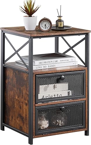VECELO Mesita de noche, mesa auxiliar con cajón abatible, mesita de noche para dormitorio, sala de estar, oficina, fácil montaje, juego de 1, marrón