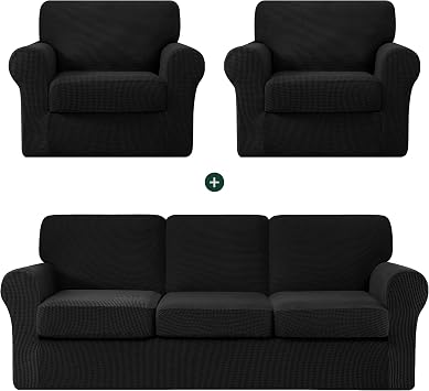 CHUN YI Two Armchair Sofa Slipcovers Bundles Large Couch Cover with Separate Backrests and Cushions, Checks Spandex Jacquard FabricBlack