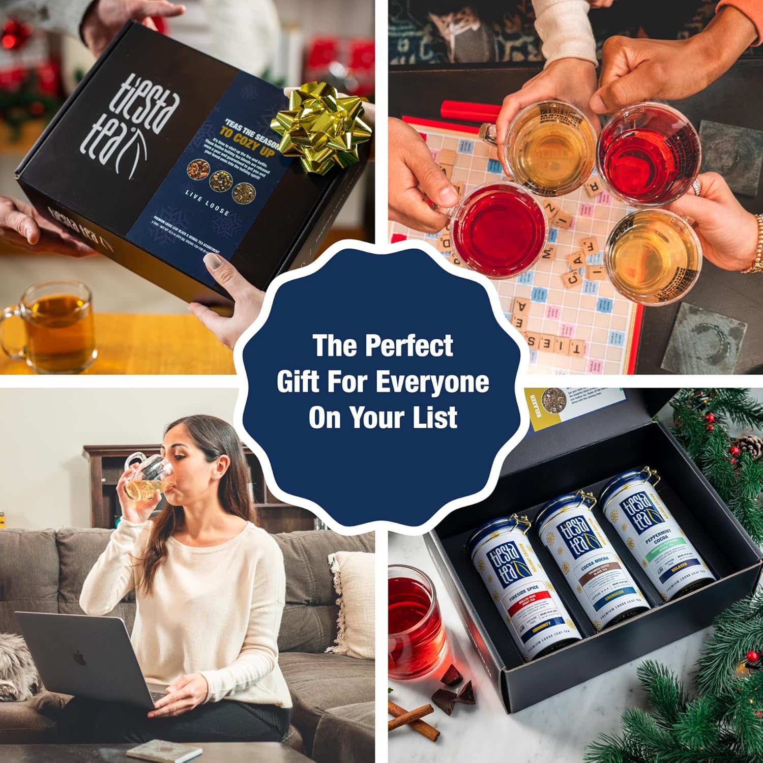 Tiesta Tea - Holiday Mother's Day Loose Leaf Tea Gift Set, High to Non-Caffeinated Holiday Blends, 3 Tins of Hot & Iced Brews Variety Pack, Fireside Spice, Peppermint Cocoa & Cocoa Mocha