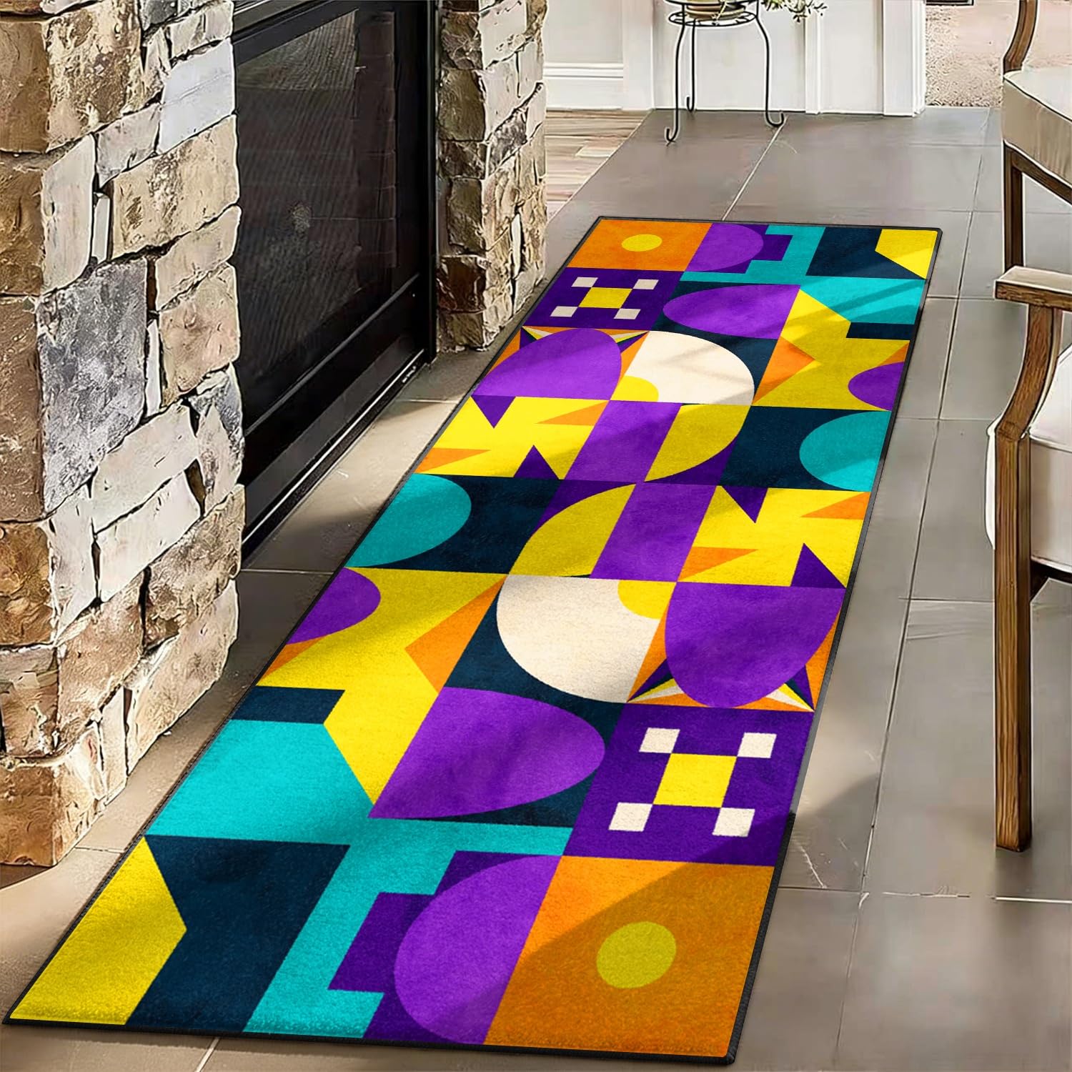 Abstract Geometric Hallway Rug, 120x300cm Modern Grid Pattern Throw Rug Featuring Purple, Yellow, and Blue Multi Colors Contemporary Runner Carpet, Beautiful, Artistic, and Decorative Area Rugs