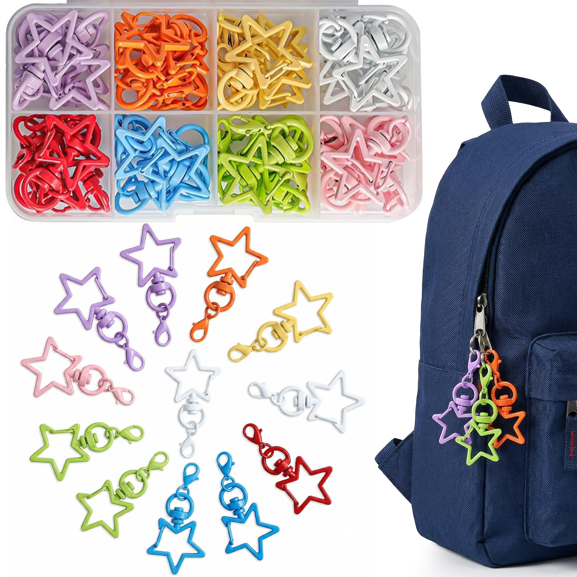 hankousi 40Pcs Mini Star Shaped Key Rings, Stainless Steel Swivel Snap Hooks & Lobster Claw Clasps for DIY, Keys, Backpack & Purse (Colorful)