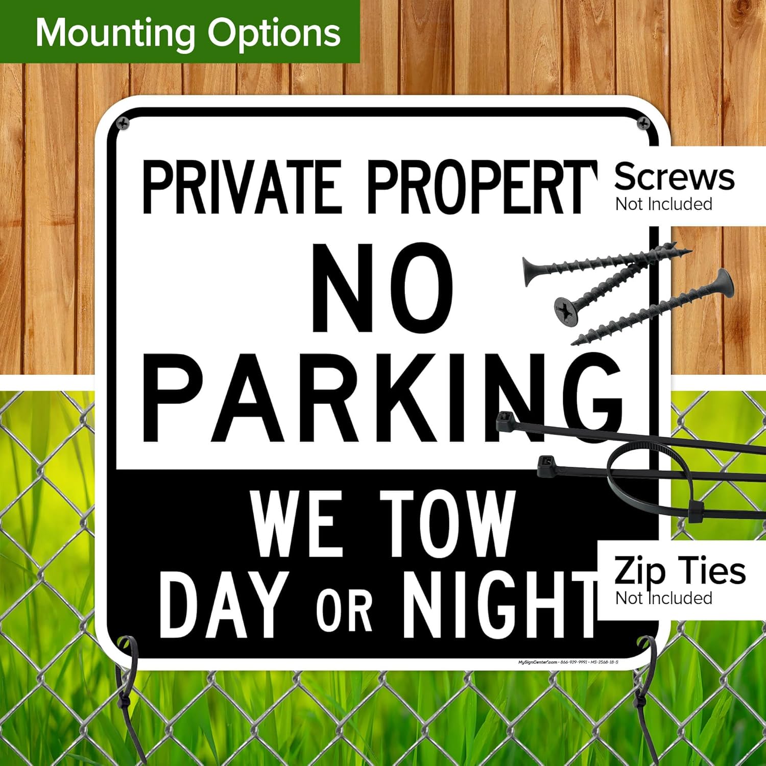 Private Property No Parking We Tow Day Or Night Sign, 18x18 Inches, 55 mil thick HDPE (high density polyethylene), Made in USA by My Sign Center