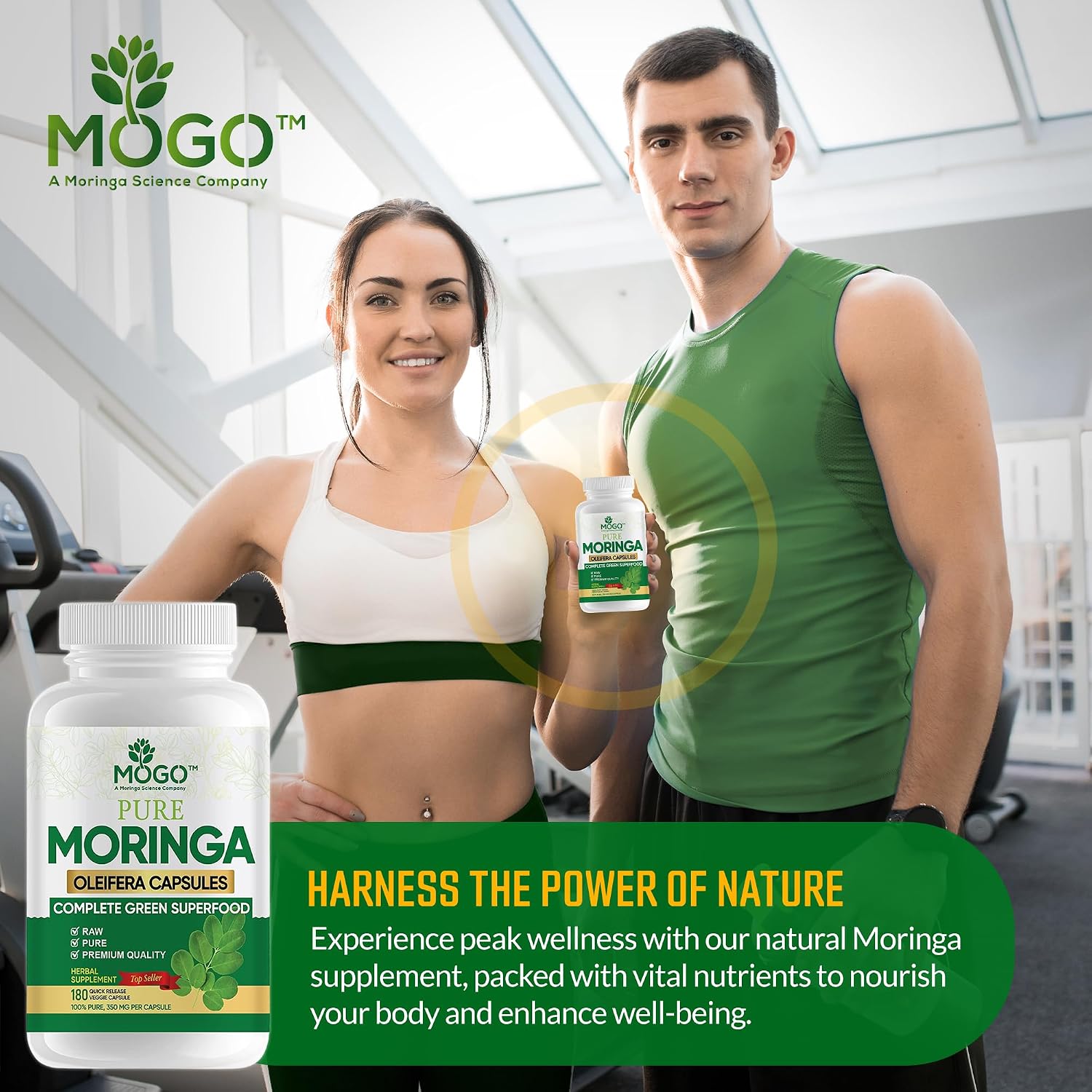 MOGO Organic Moringa Capsules | 100% Pure Single Origin Moringa Leaf Powder Supplement | Nutrient-Rich Vegetarian Green Superfood for Immune System, Energy, Metabolism, & Lactation | 180 Capsules