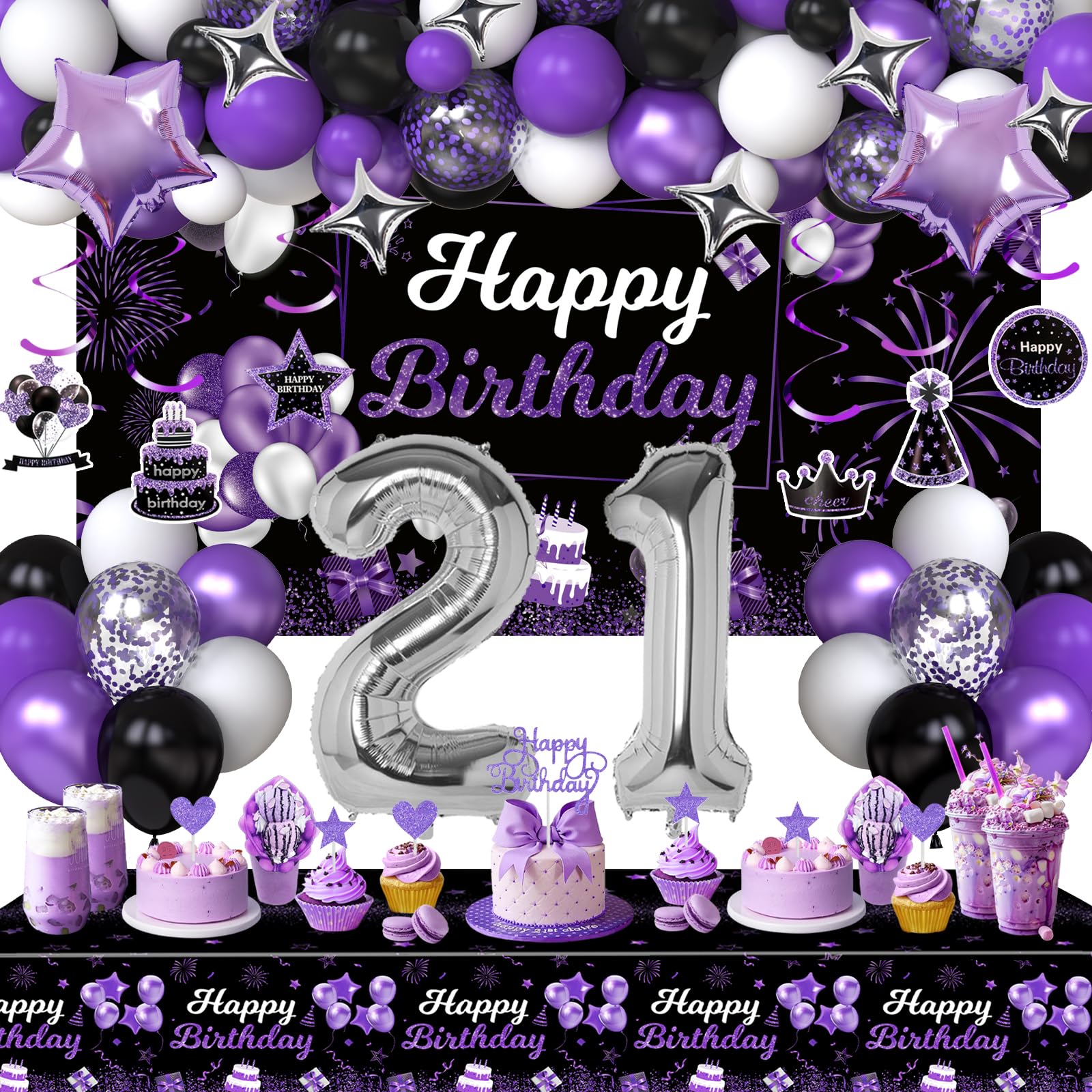 Miidenks 21st Birthday Decorations for Women, Purple Black Happy 21 Party Decor with Backdrop Banner, Tablecloth, 21 Number Foil Balloons for Her