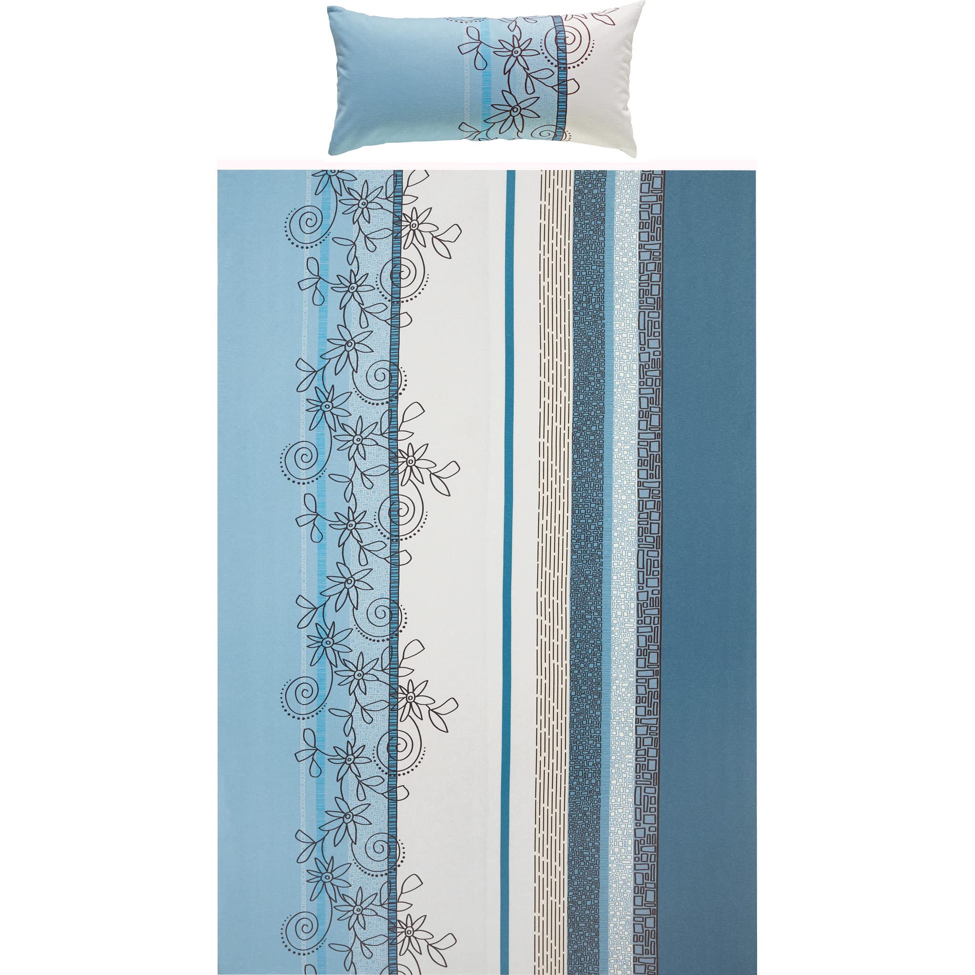 Erwin Müller Bettwäsche, Bettgarnitur Fein-Biber Blumen 4-TLG Sparpaket hellblau Größe 40x80 cm / 135x200 cm - hautsymphatisch, bügelleicht, mit Marken-Reißverschluss