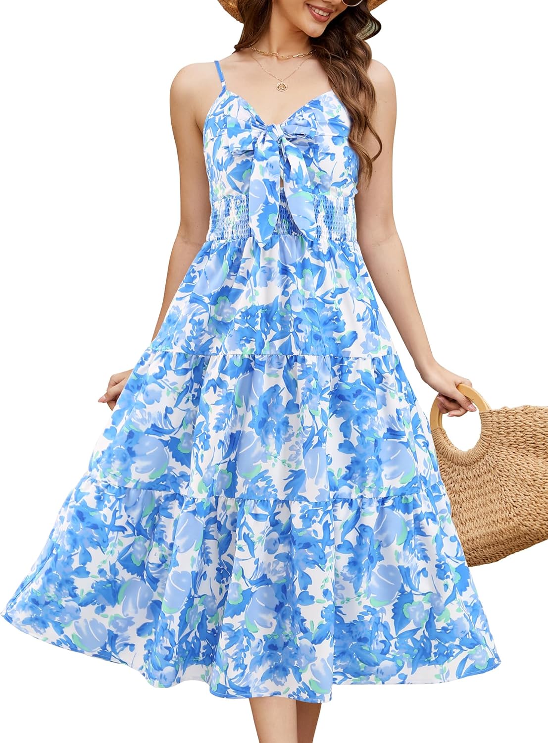Gardenwed Women's Floral Print Maxi Dress,Twisted V Neck Sleeveless Long Summer Dress Large Blue Green Flower