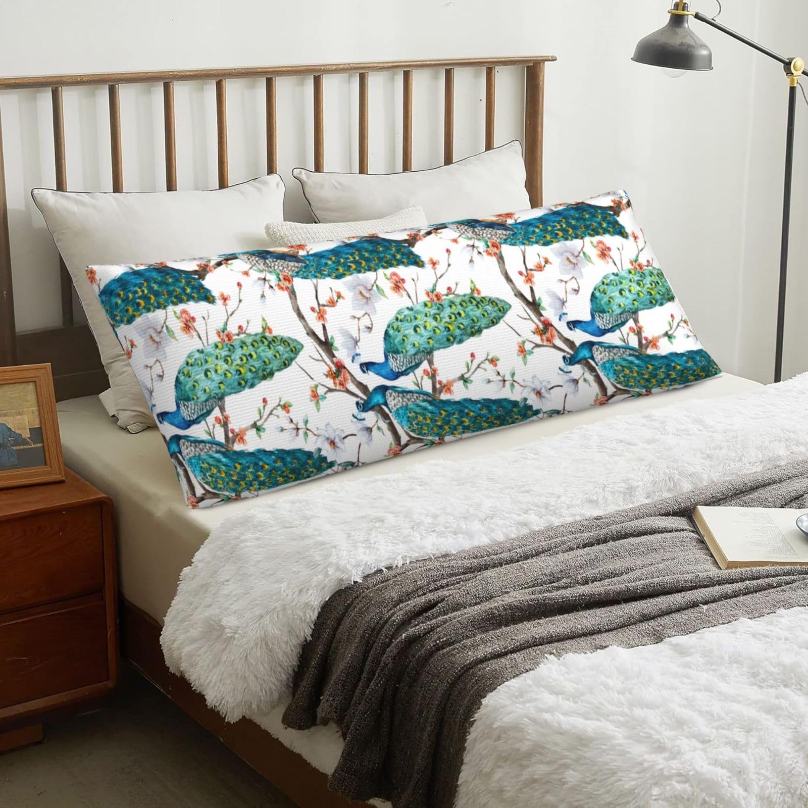 Beautiful Peacock Flowers Print, Body Pillow Cover with Zipper,Long Body Pillowcase 20 x 60 in