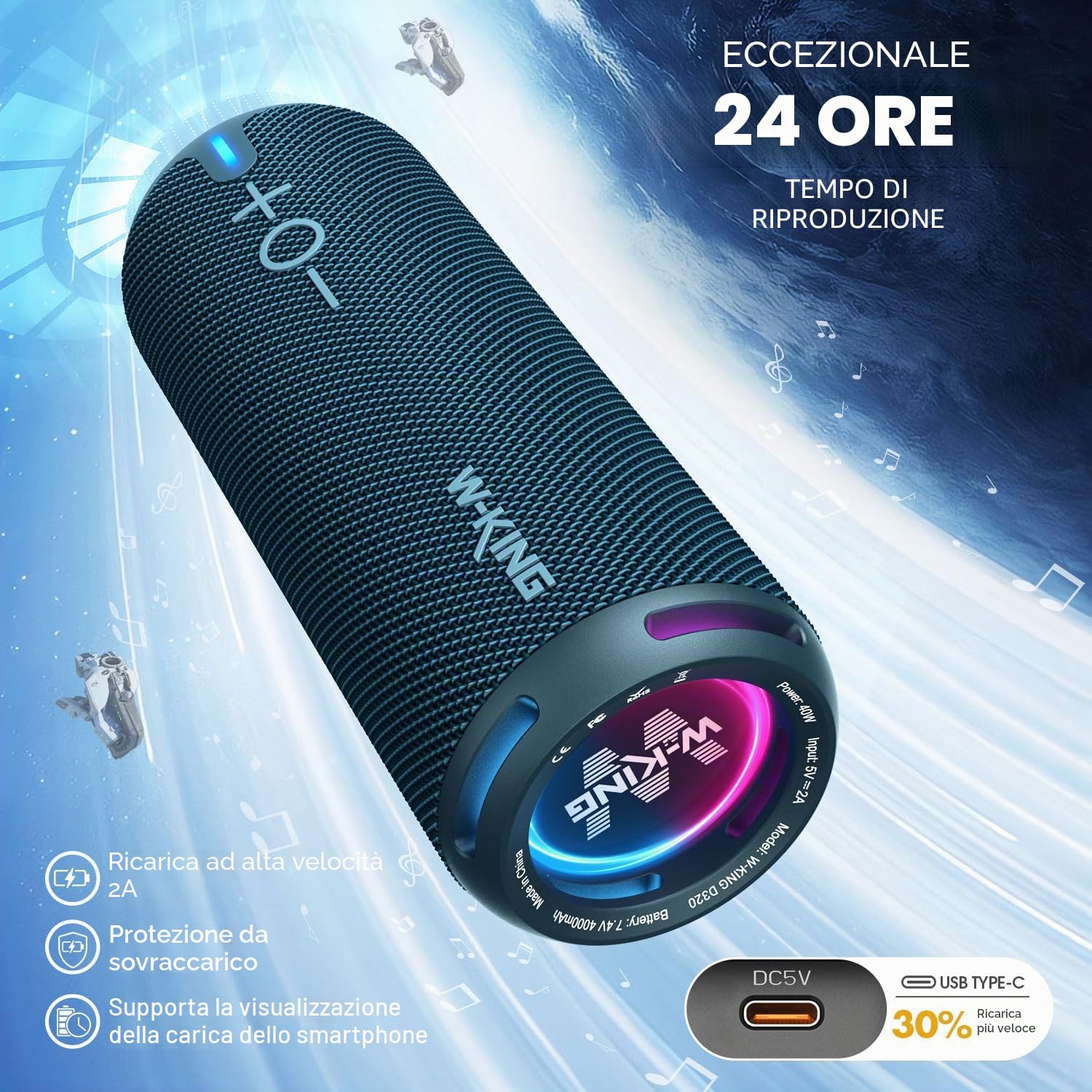W-KING Cassa Bluetooth Potente Portatile, 40W Altoparlante Speaker Bluetooth Impermeabile IP67, APP EQ Personalizzata/Bassi Profondi, Audio Stereo 360° da Con Luci/V5.3/DSP/24H/TF/AUX,Per Doccia,Party