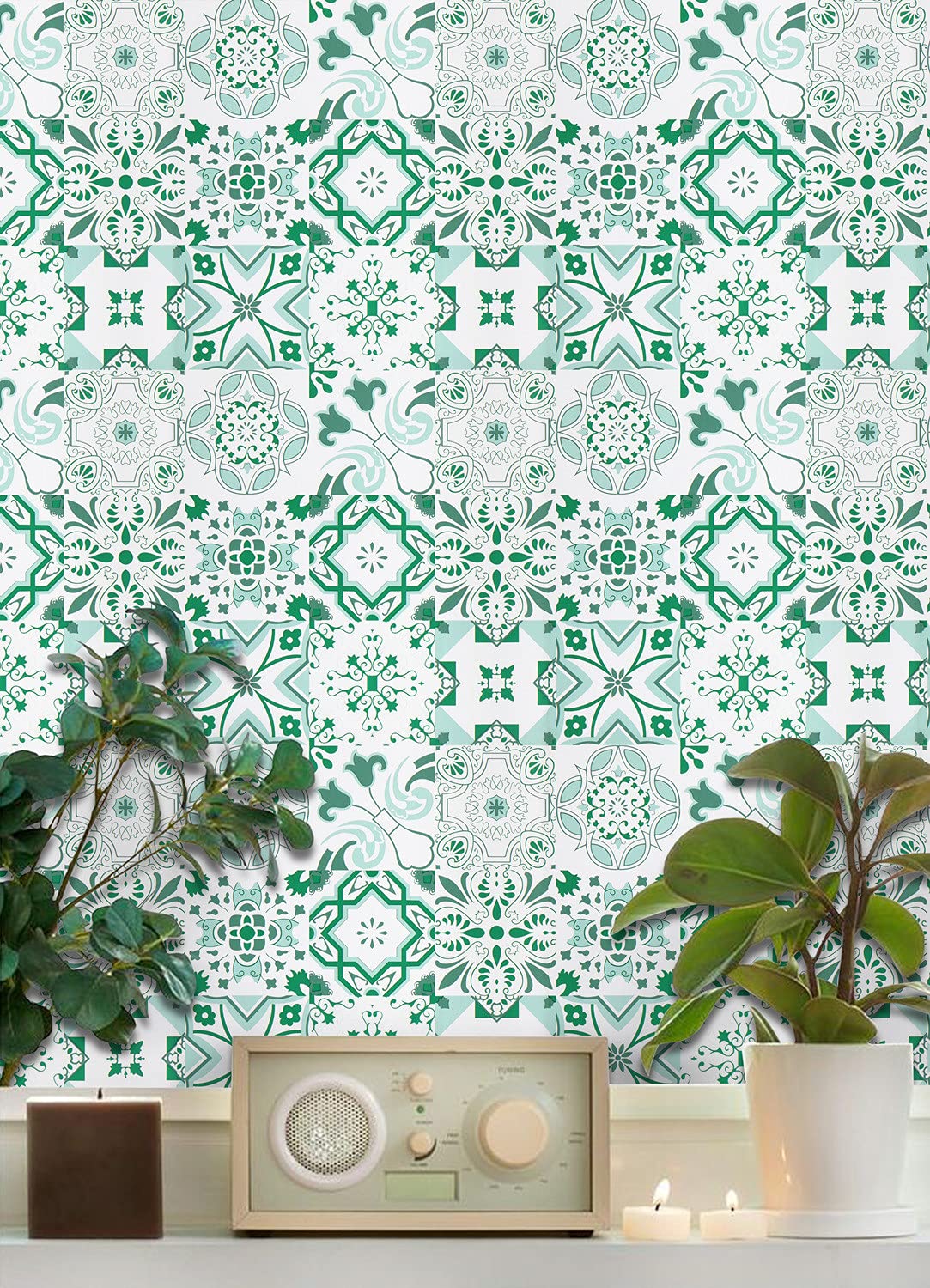 Dimoon 78.7''x17.7'' Peel and Stick Waterproof Floral White Green Flower Contact Paper Tile Wallpaper Removable Wall Covering Self Adhesive Wallpaper Shelf Liner Vinyl Decal Roll