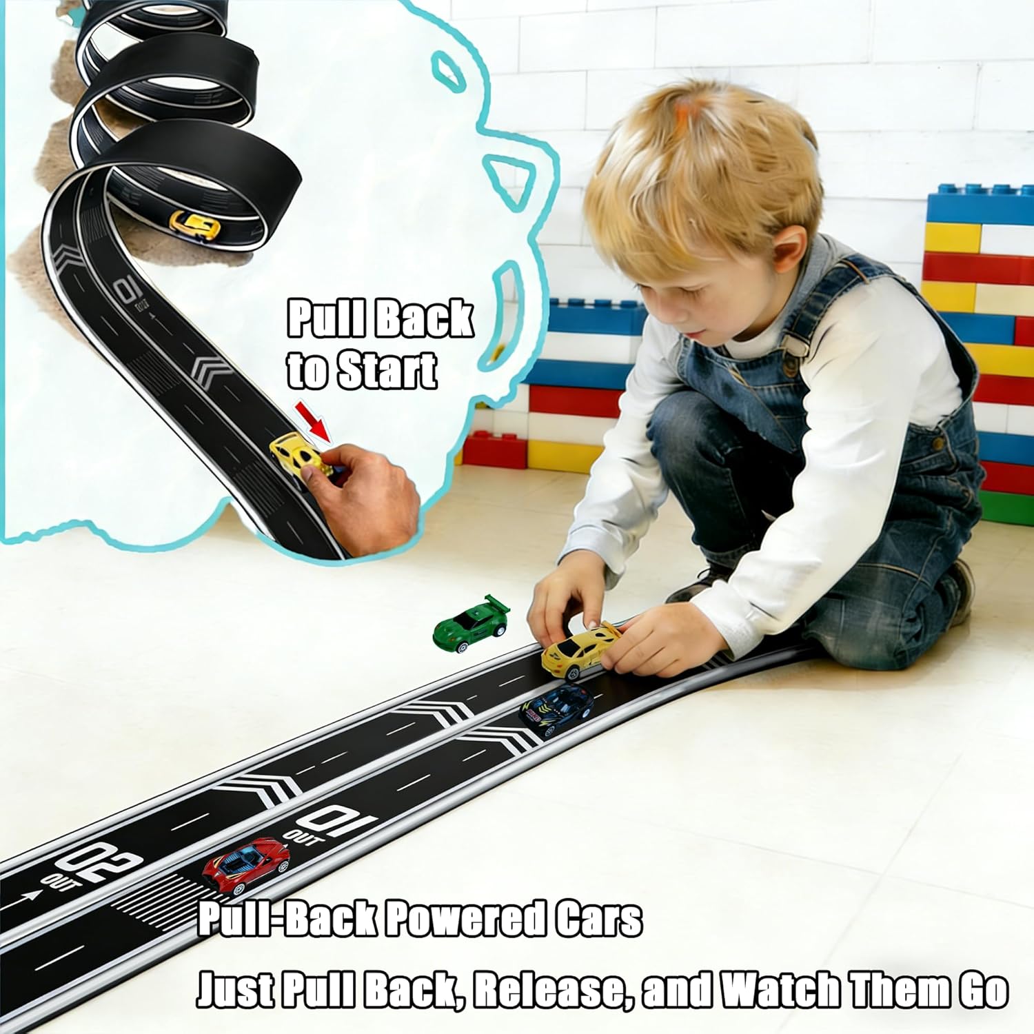 16.4Ft Flexible Race Track for Kids Ages 3+, Patterned Dual-Lane Roll Up Race Track Set with 4 Toy Cars & Suction Cups, Compatible with 1/64 Diecast Cars, Portable DIY Racing Toy (Black)