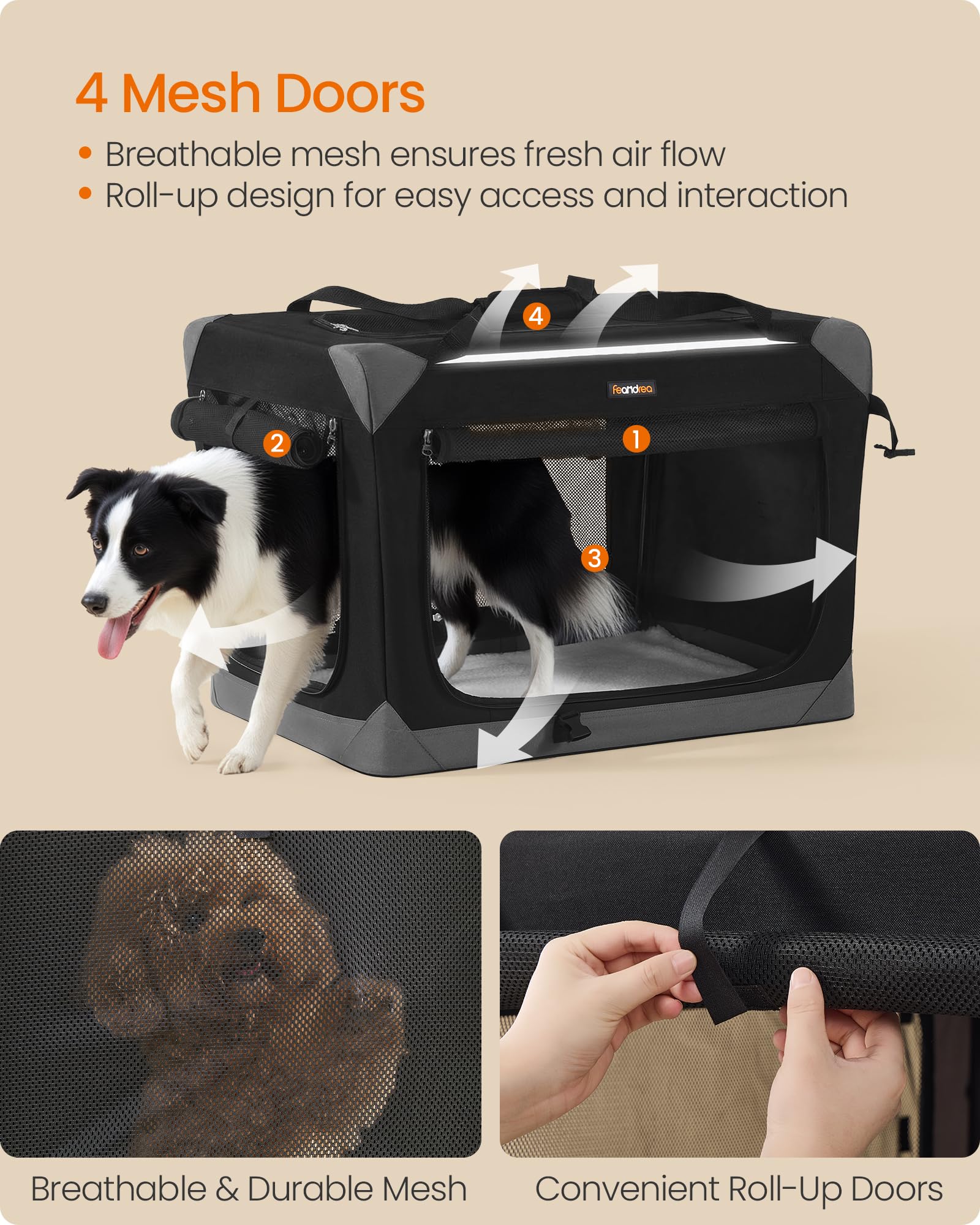 Feandrea Collapsible Dog Crate, Portable Oxford Fabric Pet Travel Crate with 4 Mesh Doors, Handles, Pocket, 30 Inches, for Medium Dogs, Ink Black and Dove Gray UPDC027BH01 - image 4