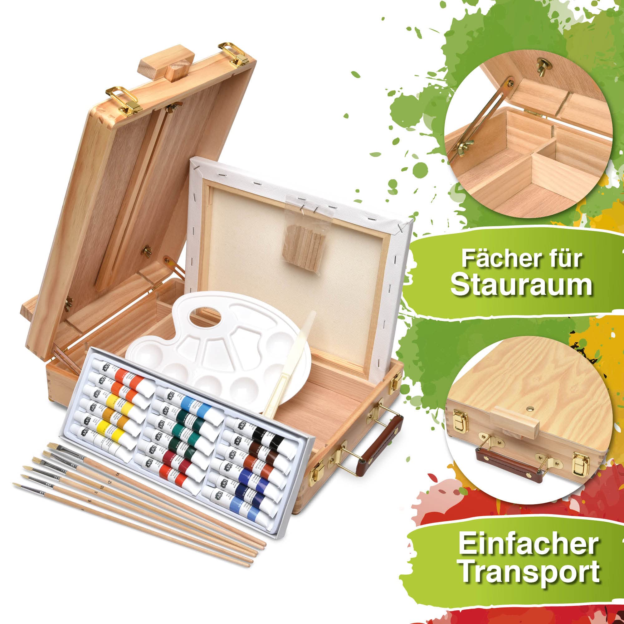 Artina 28tlg Malset Florenz im Malkoffer - Acrylfarben Set mit Kofferstaffelei - 18x 12ml Acrylfarbe, Keilrahmen, Pinsel & mehr - Premium Malset Staffelei aus Holz für Einsteiger & Hobbykünstler