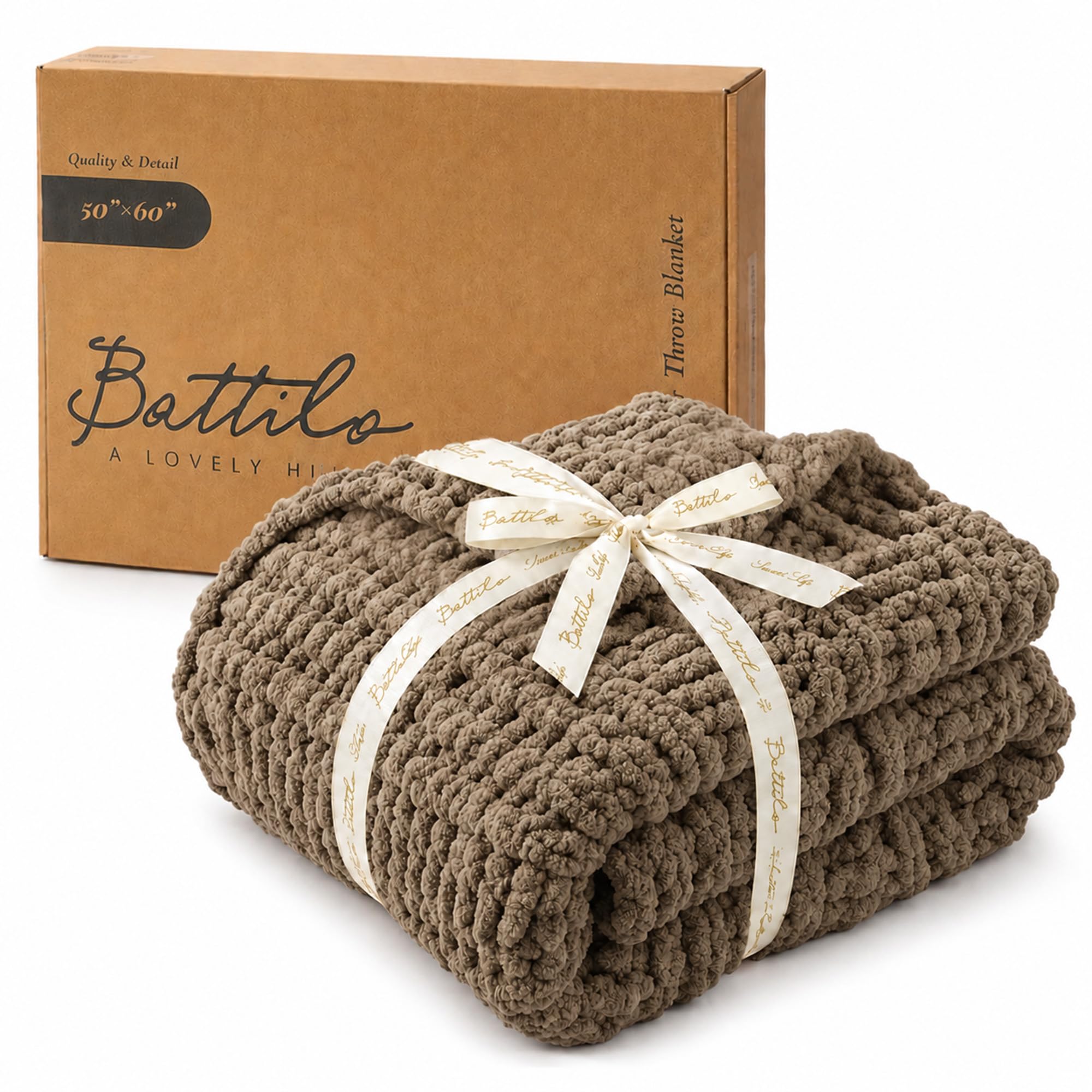 Battilo Grobstrick-Wurfdecke Zopfmuster handgemacht Chenille Taupe