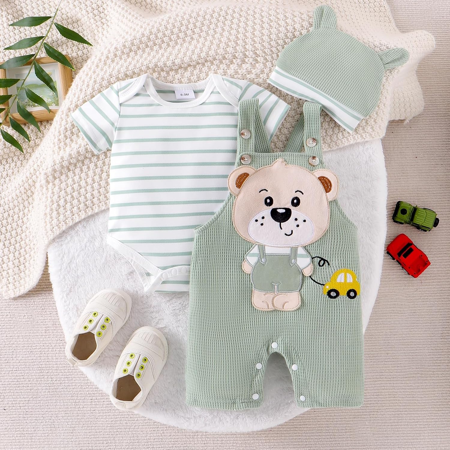 FOCUTEBB Baby Boy Clothes 3Pcs Cartoon Romper Shorts Hat Summer Set 0-18M image 2