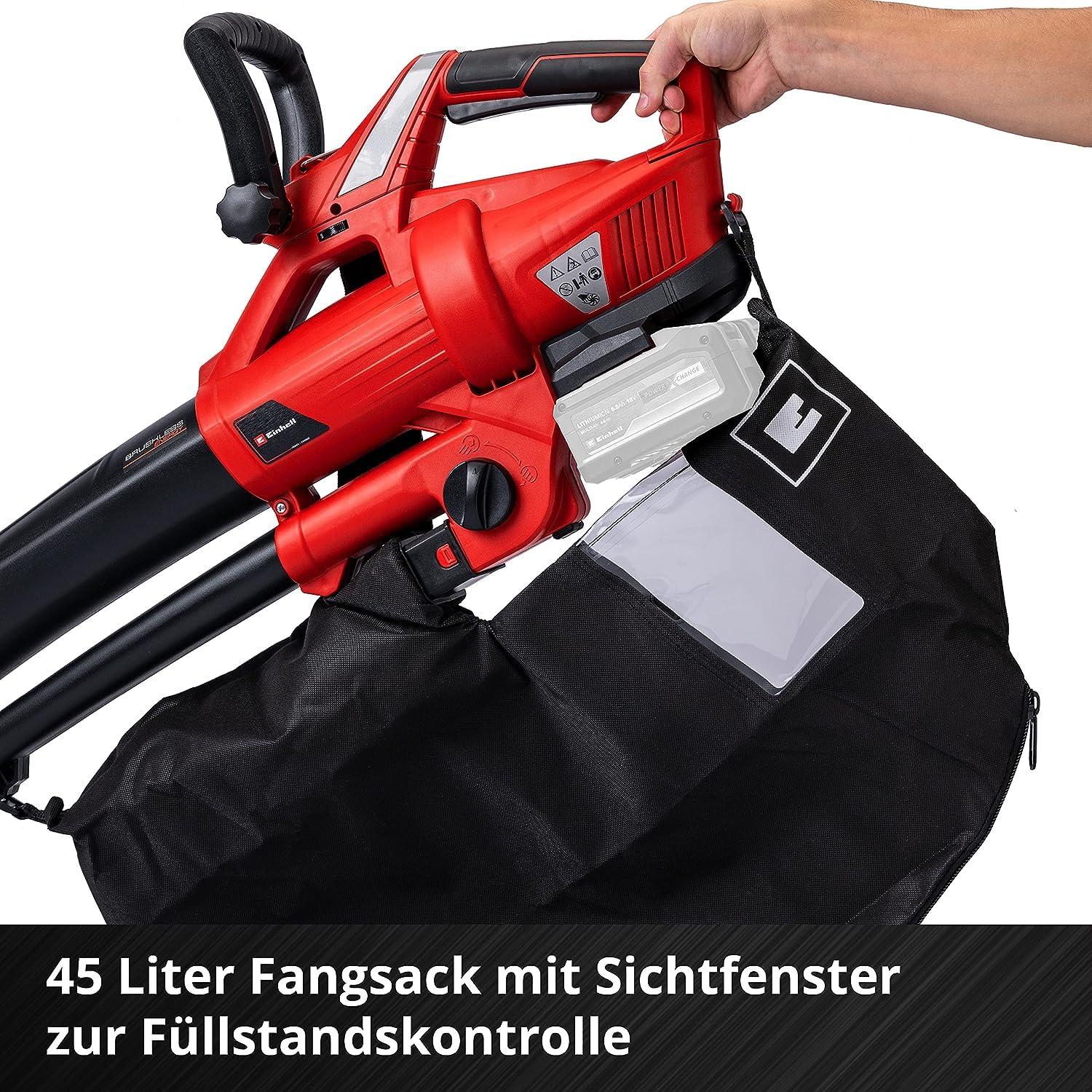 Einhell Akku-Laubsauger Laubbläser GE-CL 36 Li E-Solo Power X-Change (Lithium-Ionen, 2 x 18 V, 210 km/h Luftgeschwindigkeit, bürstenloser Motor, 45 l-Fangsack, Tragegurt, ohne Akku und Ladegerät)
