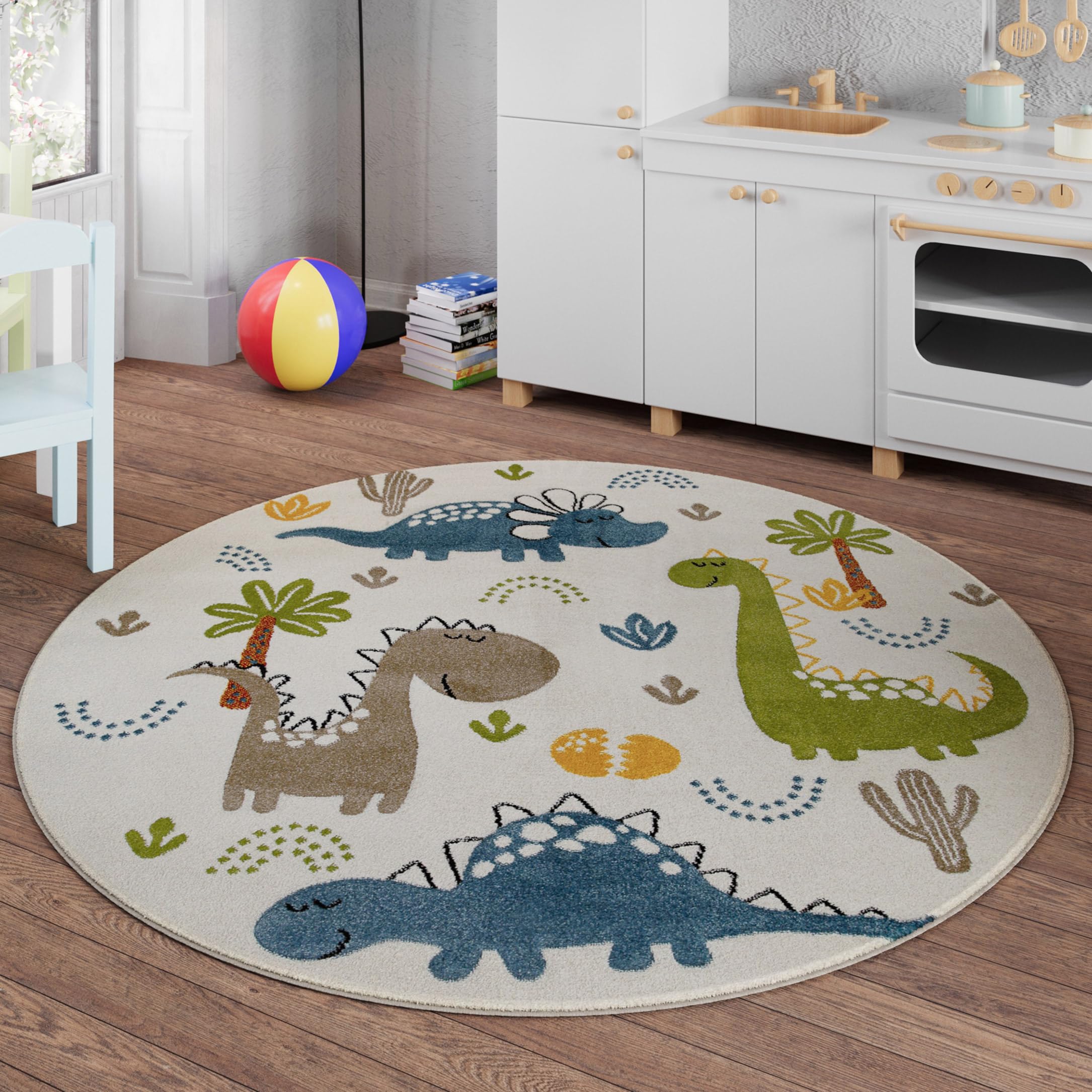 Smart Kids Tappeto per bambini in tessuto emozionante avventure con simpatici motivi dinosauri – Dino & Friends (120 cm rotondo, crema bianco)