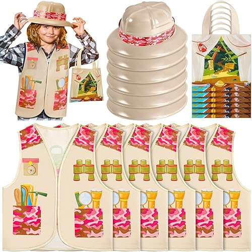 Toulite Traje de safari para niña, 18 piezas, incluye 6 sombreros de fiesta de safari para niños, 6 chalecos de explorador, 6 bolsas de mano,