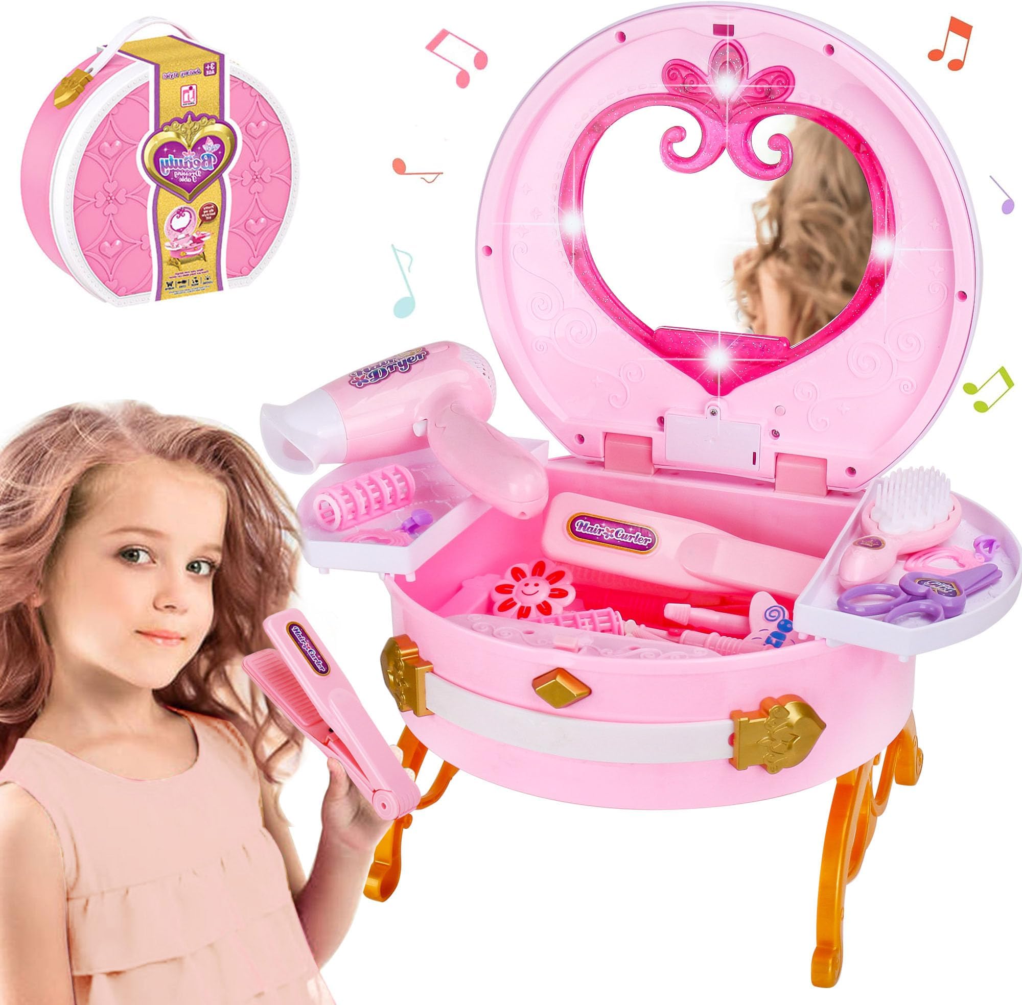 Portable Princess Vanity with Real Mirror, Toddler Makeup Vanity & Styling Tools, Lights and Sounds, Girls Toys Gifts for 3-12 Year Old Kids Birthday Gift