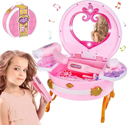 Tocador portátil de princesa con espejo mágico tocador de maquillaje para niños herramientas de estilo luces y sonidos juguetes para niñas regalos