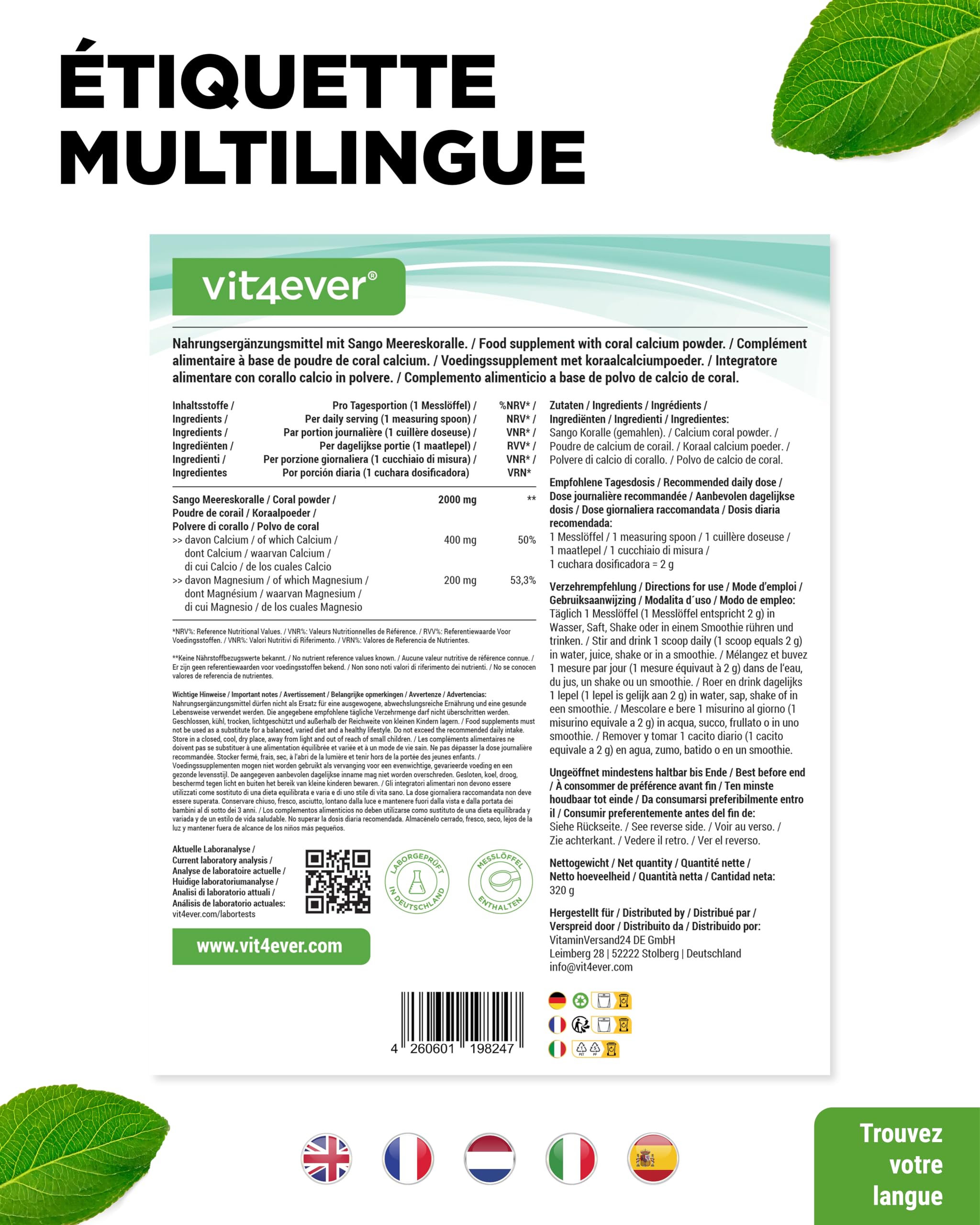 Corail Sango - 320 g de poudre - Source naturelle de calcium (20%) & de magnésium (10%) dans un rapport de 2:1 propre à l'organisme - Sans additif