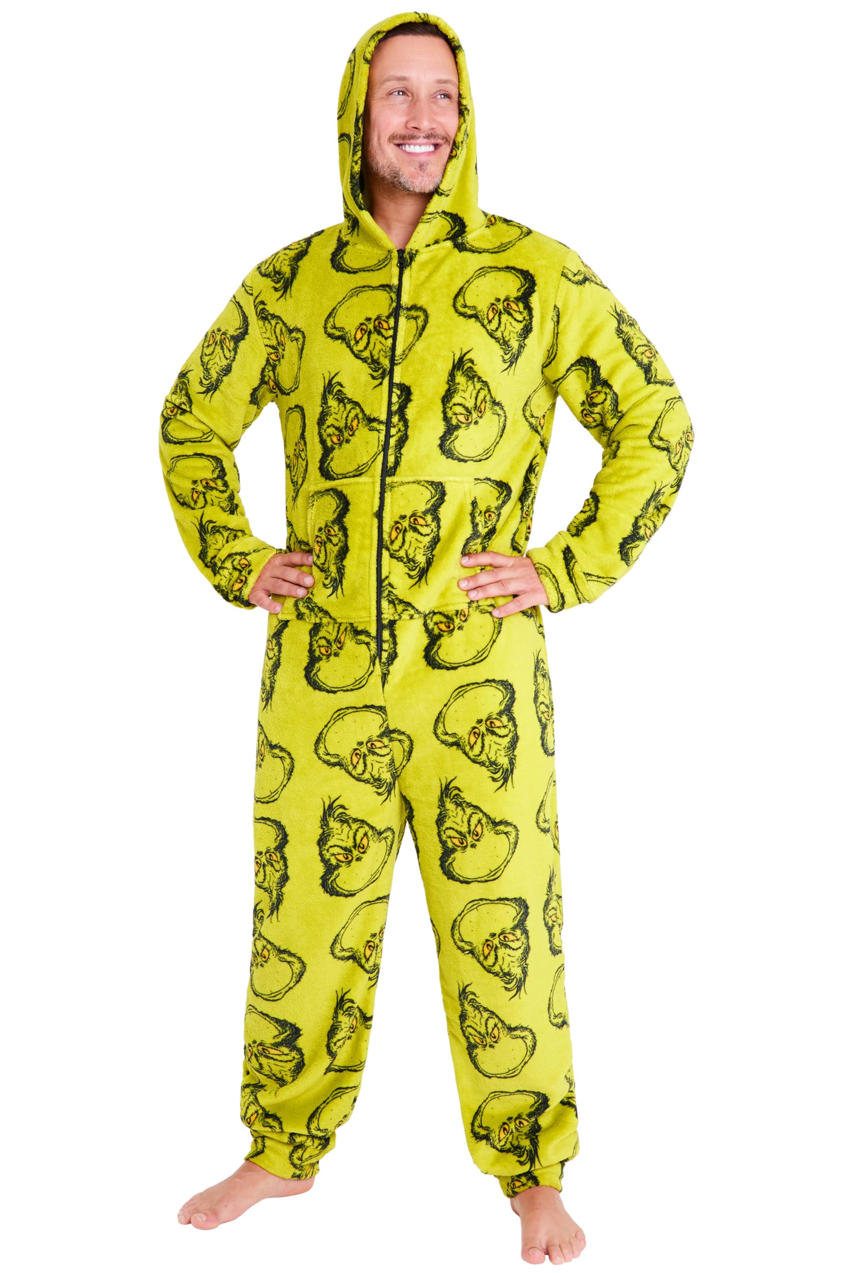 The Grinch Mens & Teenagers Fleece Onesie with Hood, Cosy Fleece Loungewear - Funny Gifts for Him (Green, 3XL)