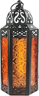 Linterna de Vela marroquí Lámpara Decorativa para Mesa o Colgante, Decoraciones de Ramadán, decoración Interior del hogar, Patio o Porche al Aire Libre, Bodas, Metal Negro, Vidrio Naranja, Mediano