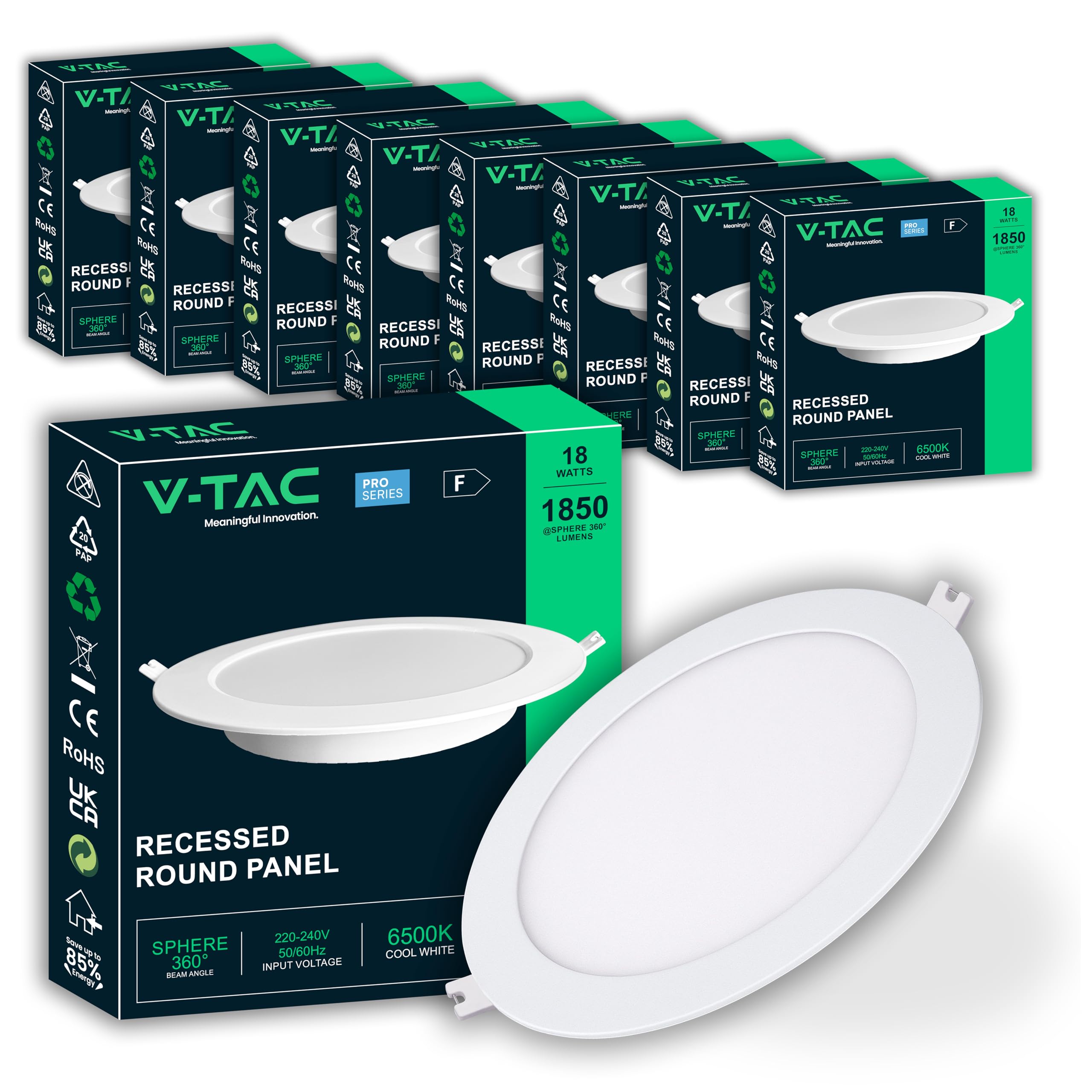 V-TAC 10x Faretti LED da Incasso Rotondi 18W - SUPER LUMINOSI - Diametro 220 mm - 1850 Lumen - IP20 - per Soffitto, Casa, Cartongesso - Mini Pannello - Lampada - Foro 200-205 mm - Luce Fredda 6500K