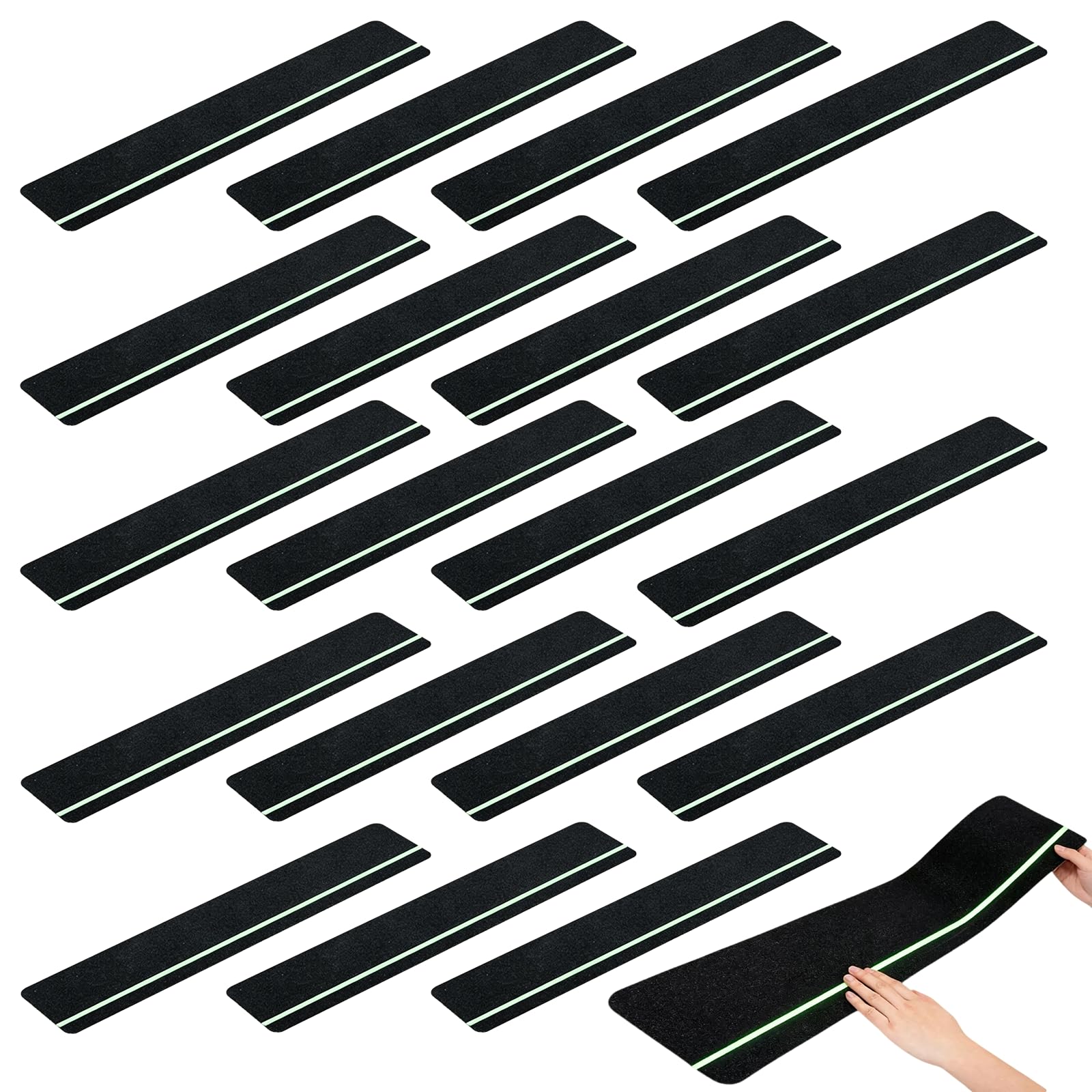 Marches D'escalier, 20 Pièces de 15 x 76 cm Ruban Antidérapant avec Bandes Fluorescentes de 6 mm Bande Antidérapante Escalier Prédécoupé et Autocollant pour Escaliers Entrées Rampes et Ateliers