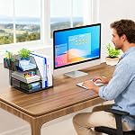 ADO03 Metal Mesh Desk Organizer with File Holder, 2-Tier Paper Letter Tray and one Drawer, 2 Pen Holders & 2 Vertical Magazine Holders for Office Supplies