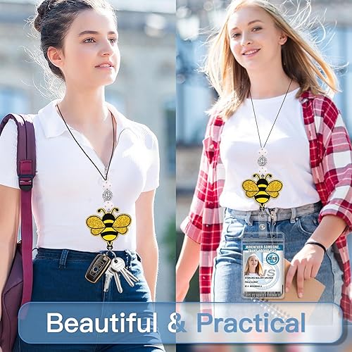 Miniatura 2 de Plifal Cordones para profesores para tarjetas de identificación, carrete retráctil, llavero de tarjetas con cuentas de abeja amarilla para mujeres,