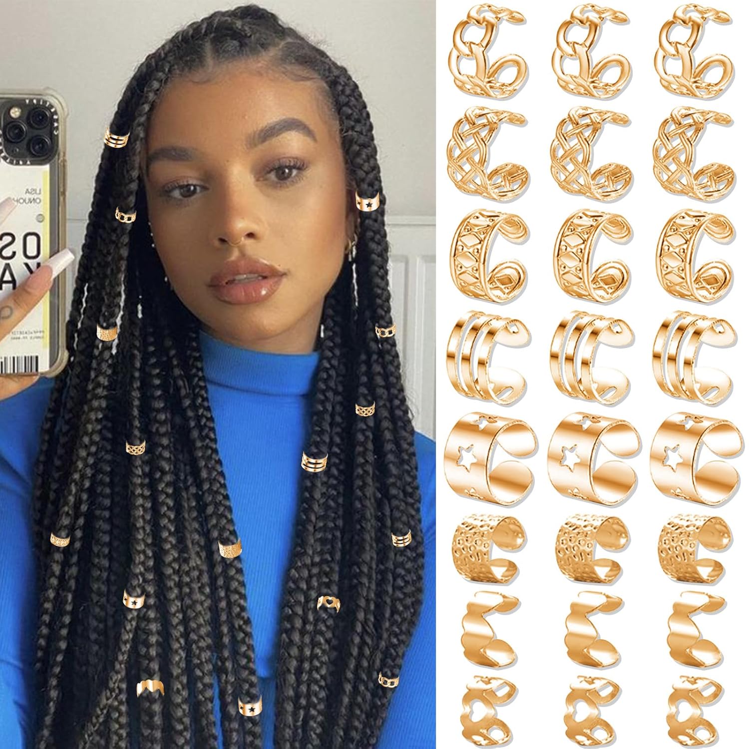 NAISKA 24PCS Hair Jewelry for Braids Mutil Shape Hair