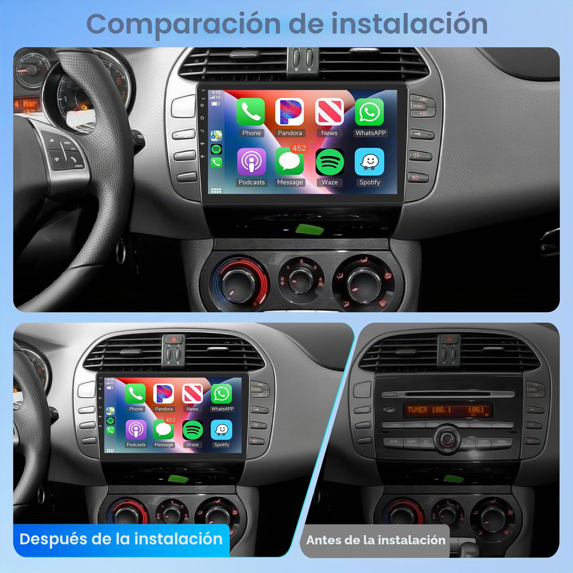 8 Core 4+64G Android 13 Radio de Coche para FIAT Bravo 2007-2014, 9 Pulgadas Pantalla Radio Coche Inalámbrico Carplay Android Auto Mirror Link Bluetooth FM/RDS WiFi GPS Cámara Trasera