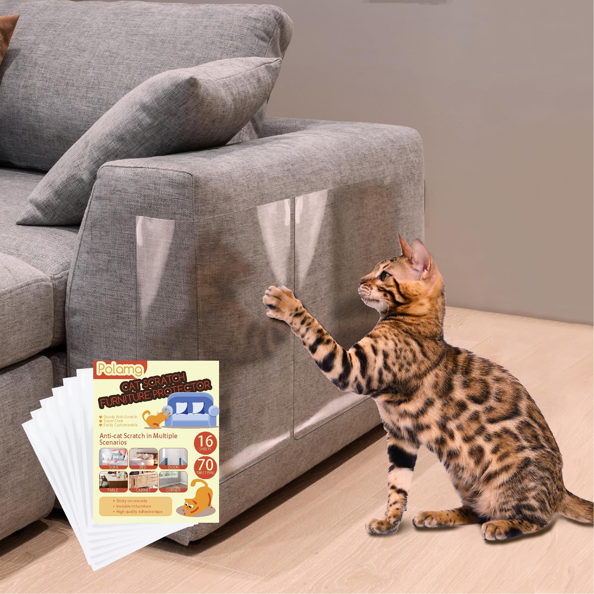 Anti Cat Scratch Furniture Protector-16 Pack Single Side Couch Protector for Cats, Self-Adhesive Cat Tape for Furniture, Clear Cat Scratch Deterrent for Furniture Door Walls
