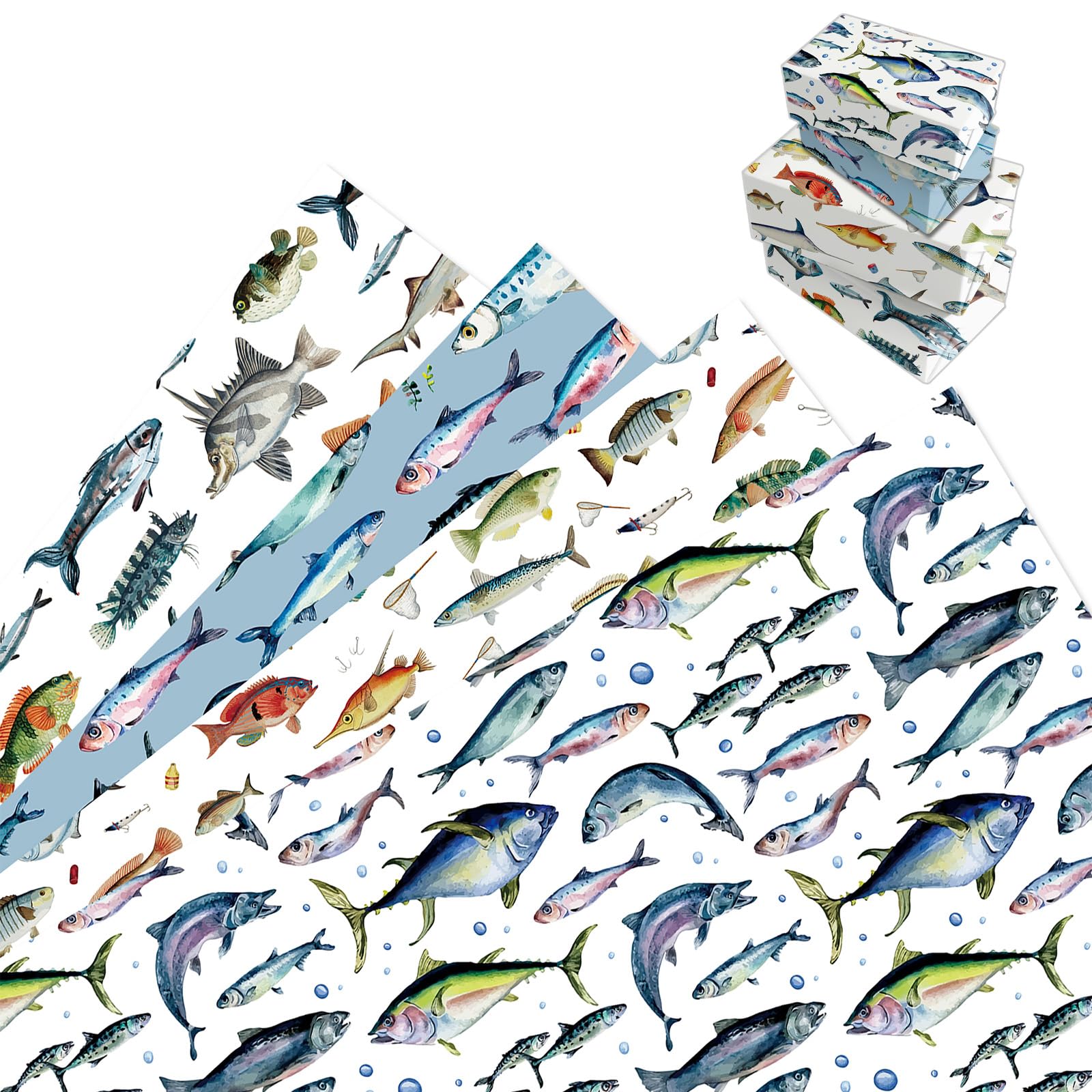 MORAINJAY 12 Sheets Fishing Wrapping Paper, Fish Gifts Wrap, Fishing-Themed Birthday Wrapping Paper, for Men and Fishing Enthusiasts’ Party Decorations 68cm x 50cm — image 1