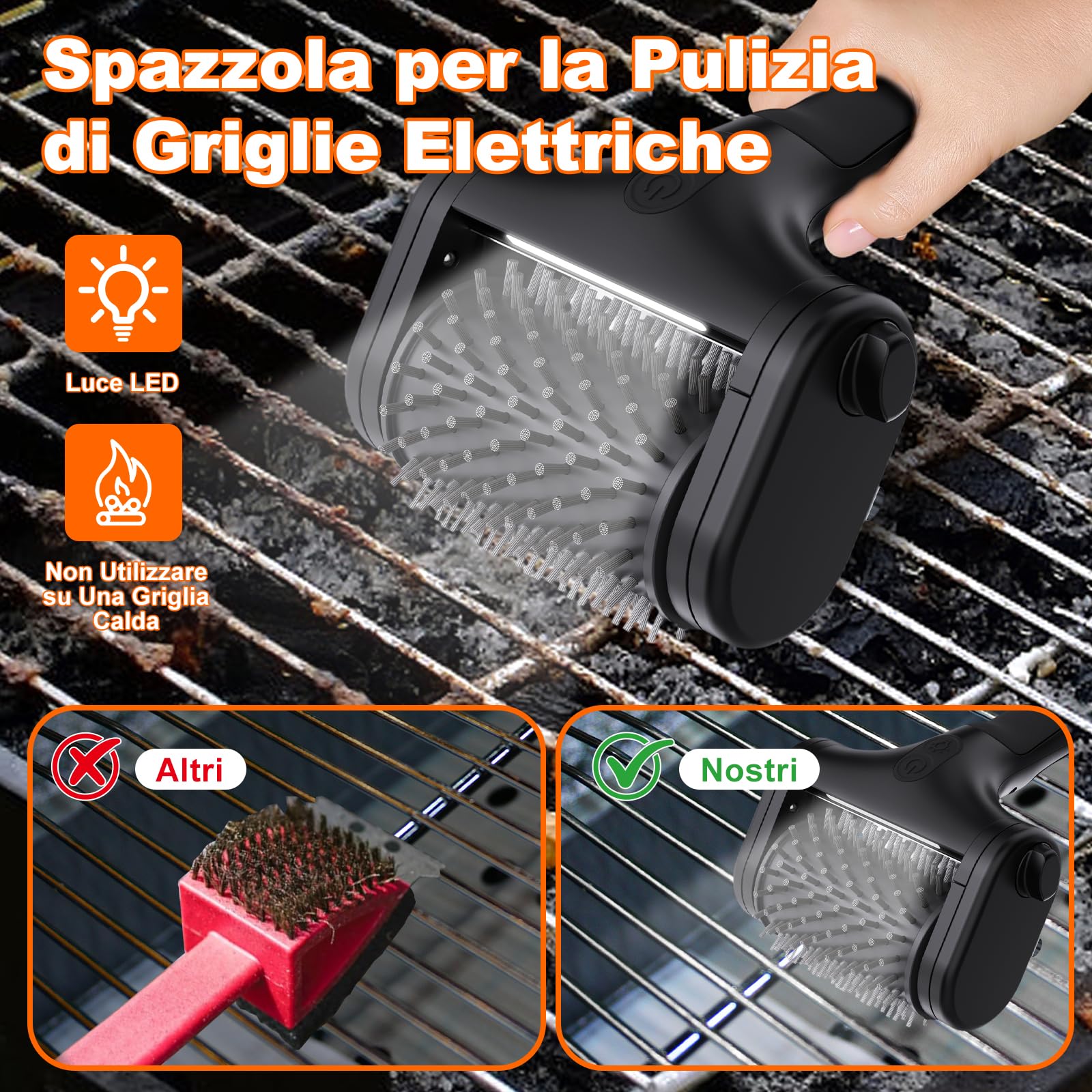 Spazzola Elettrica per Barbecue Ricaricabile, Doppia Velocità 590/1000 Giri, 2 Testine, LED, Nero