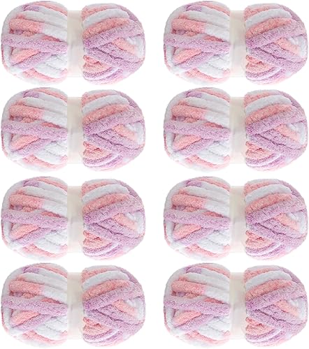 Miniatura 1 de MABOZOO Paquete de 8 hilos gruesos de teñido anudado para tejer a ganchillo, hilo de chenilla rosa esponjoso jumbo, hilo de felpa suave voluminoso,