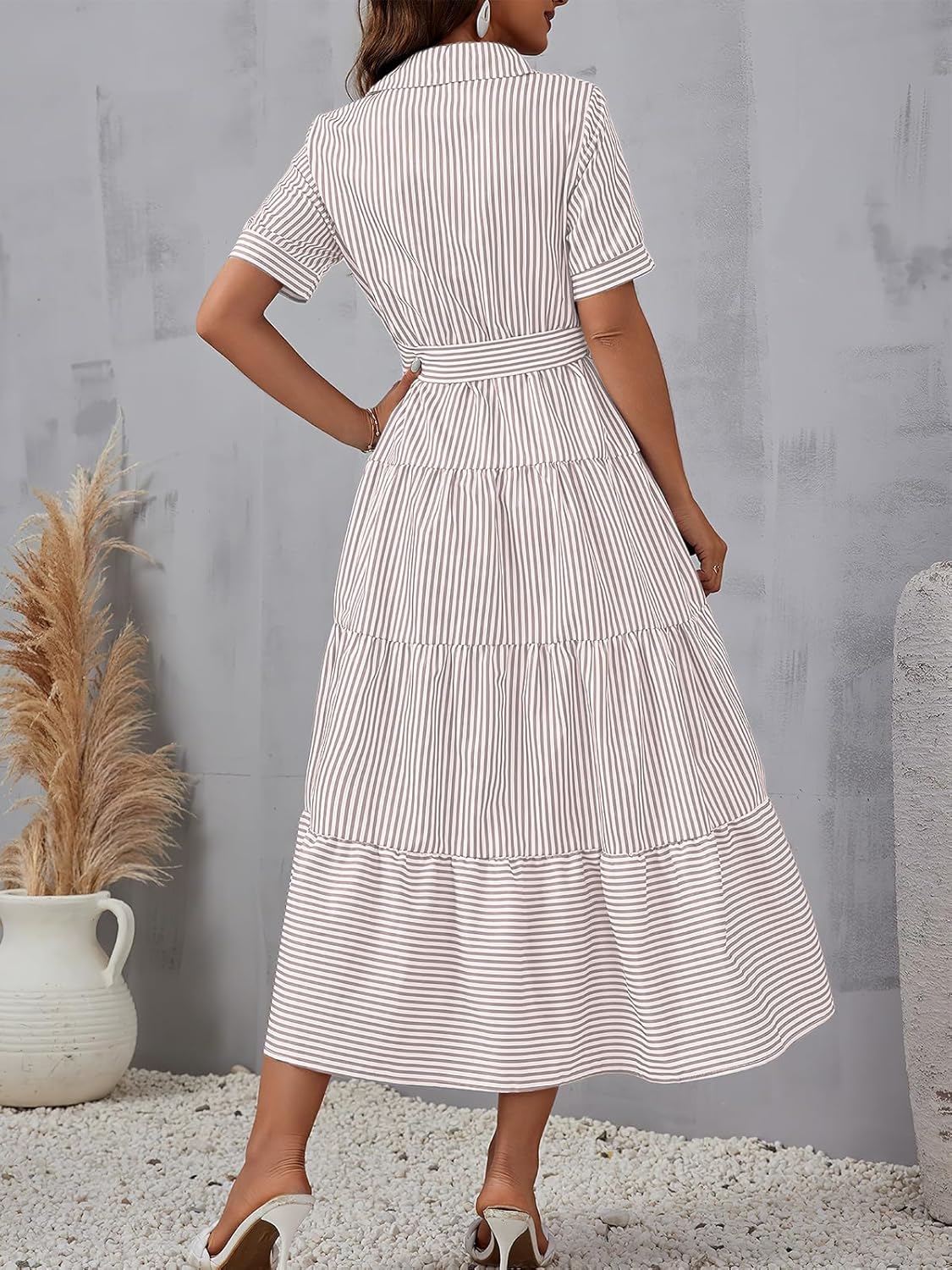 ebossy Women's Boho Striped Shirt Dress Button Down Belted Flowy Ruffles Loose A Line Maxi Long Dress with Pockets - Image 3