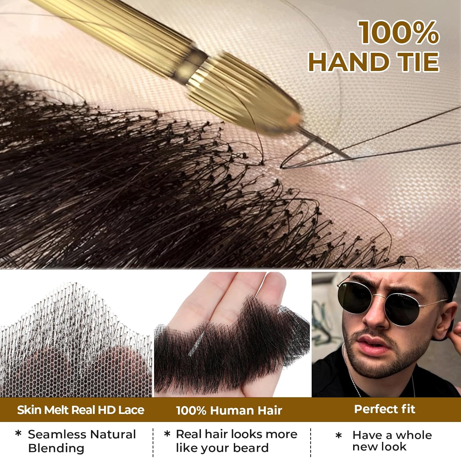 Fake Mustache Realistic Beard 100% Human Hair Full Hand Tied Facial Hair Black Goatee Fake Beards Lace Invisible Fake Mustache for Entertainment Party Drama Movie Makeup