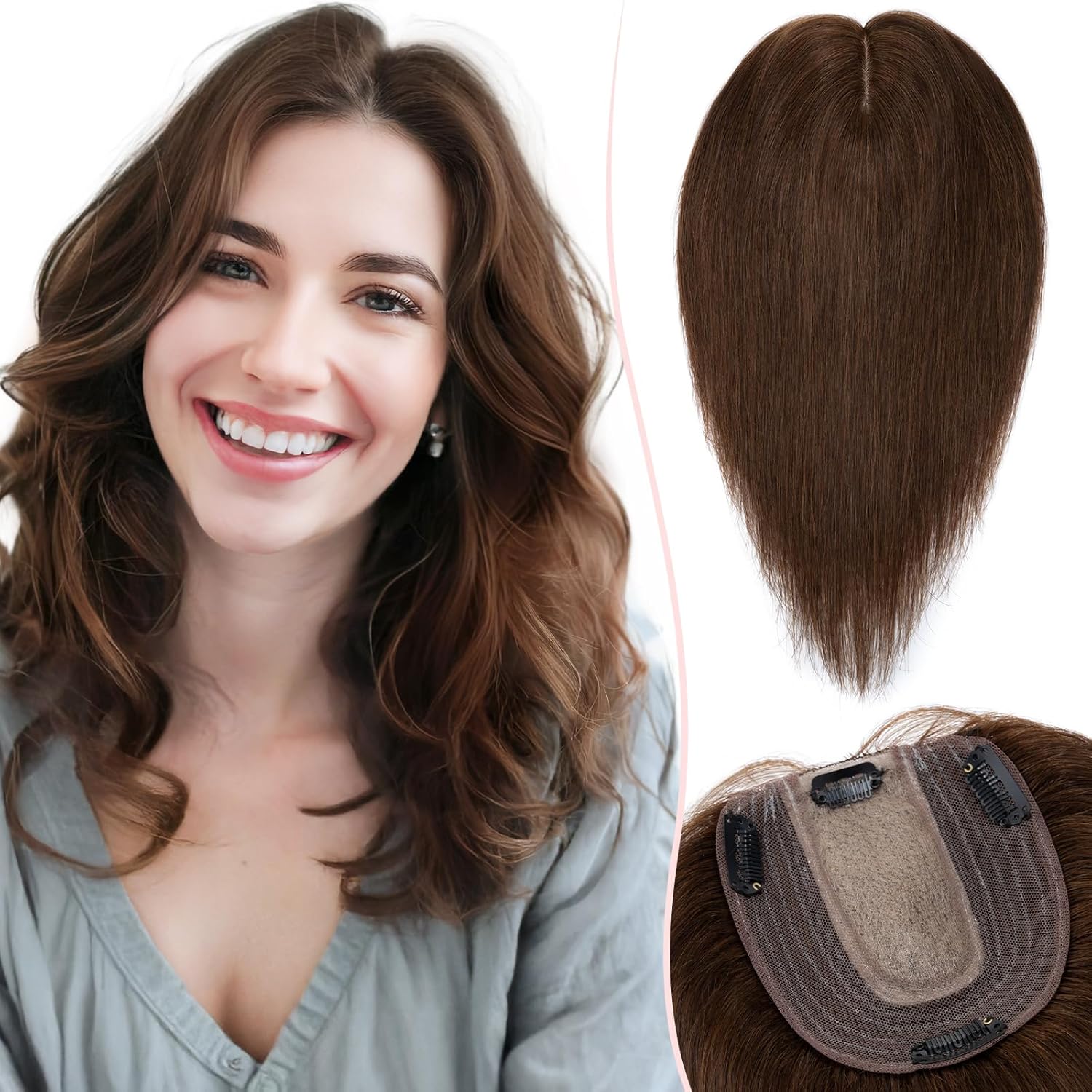 Hair Toppers for Women Real Human Hair with No Bangs Upgrade Lace Base 3.9 * 4.7 Inch Clip In Topper Hairpieces for Women #04 Chocolate Brown 6 Inch