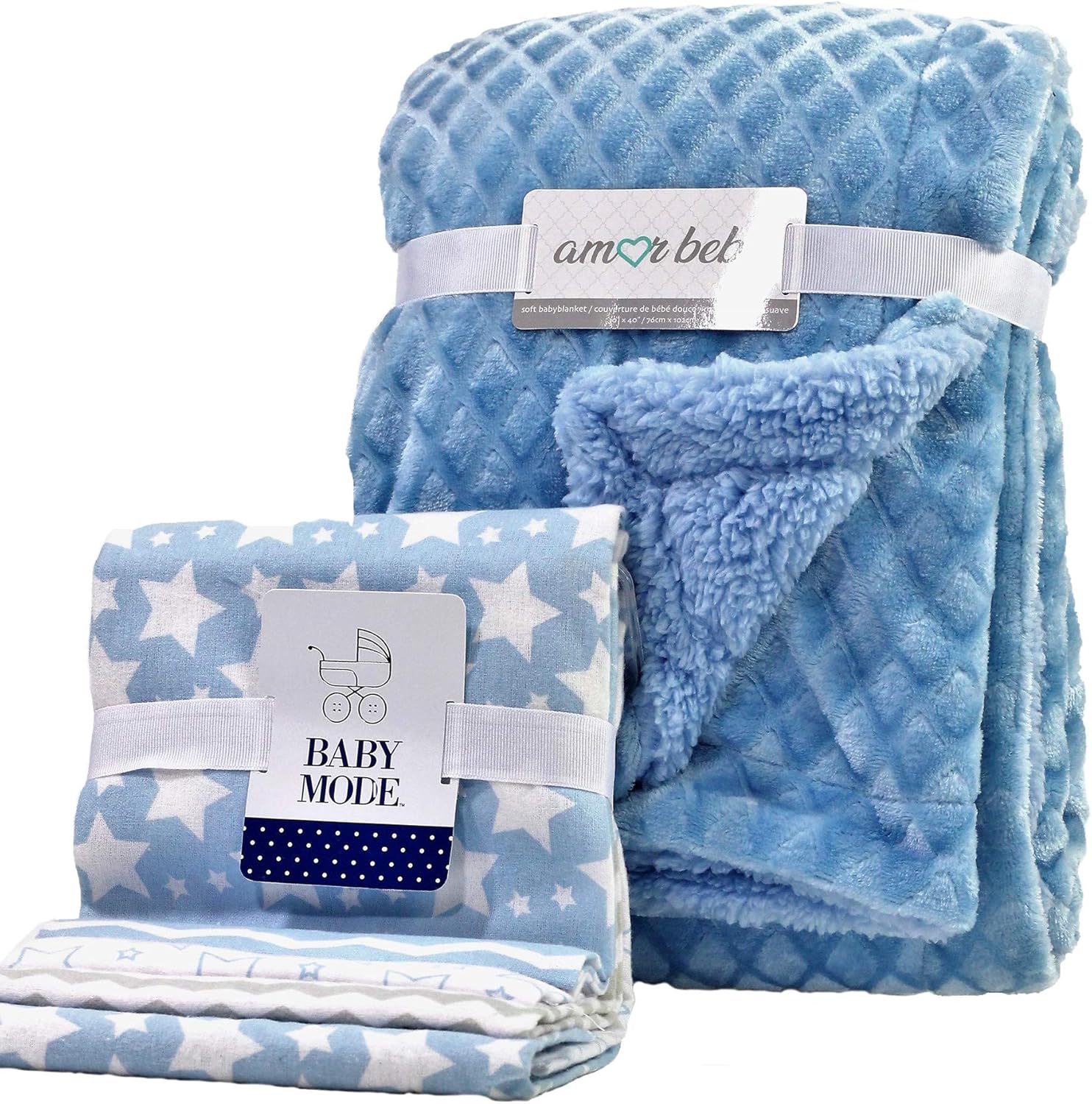 Newborn 5 Piece Plush Baby Blanket and Receiving Blanket Gift Set, Boy or Girl