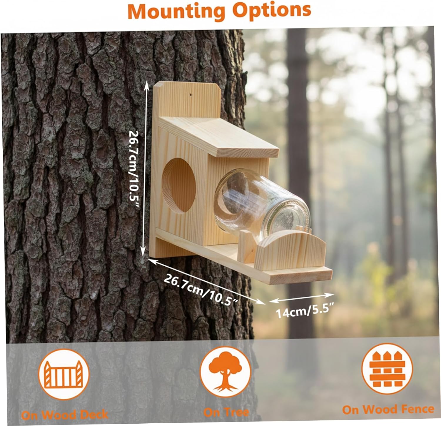 Squirrel Feeders for Outside, Wooden Squirrel Box with Clear Storage Jar Weatherproof Nut Bar Chipmunk Feeder for Wood Deck, Tree, Fence, 10.5x5.5x5.5in Feeders