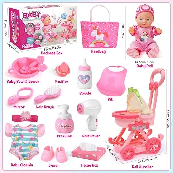 Golray Girl Baby Doll Stroller Toy Set with 12 Baby Doll & 17pcs Baby Doll Accessories Handbag/Clothes/Sunshade/Feeding Nursery Pretend Play Toy Birthday Gift for Toddler Girls 3 4 5 6 7 Years Old
