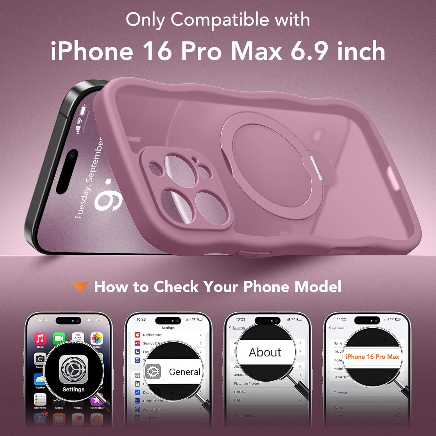 for iPhone 16 Pro Max Case for Women,[Compatible with Magsafe][360° Spin Magnetic Stand][Cute Wave Edge][Military-Grade Protection]Translucent Matte Phone Case for iPhone 16 ProMax, Blackcurrant