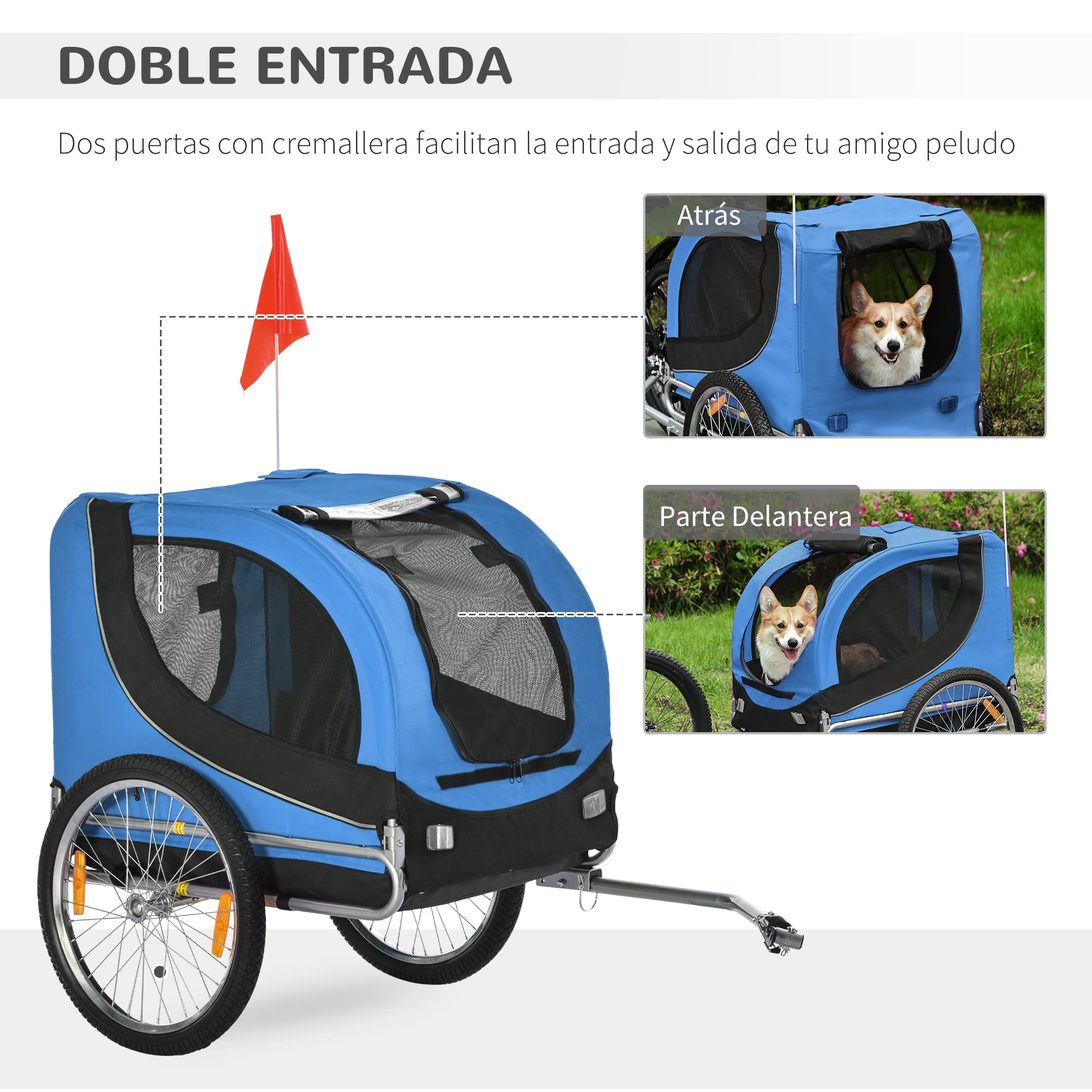 PawHut Remolque Bicicleta Perros Mascota 1 Bandera 8 Reflectores Remolque Bici 130x73x90 cm Azul Negro
